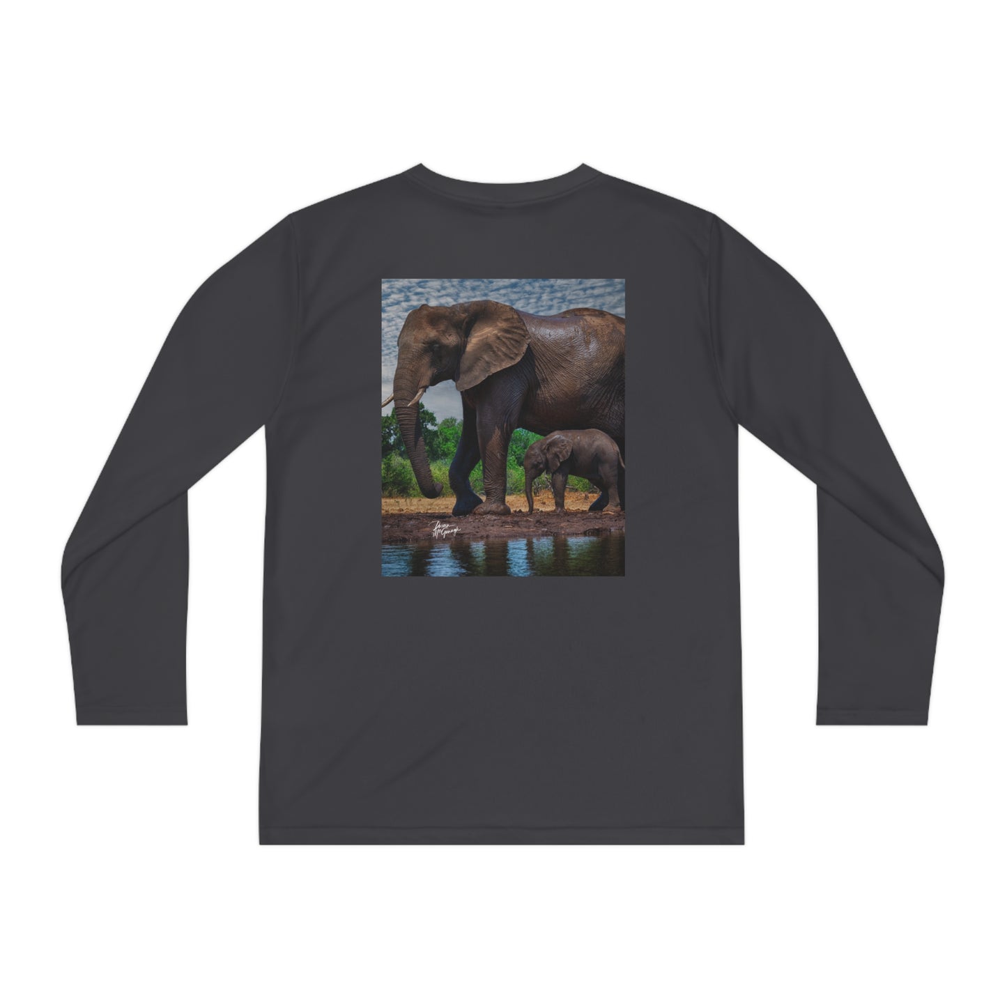 Youth Competitor Long Sleeve Tee with Elephant Baby with Mom at Watering Hole by Enjoy Nature