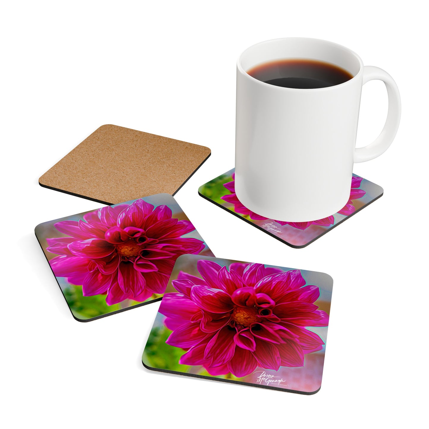 Dahlia Bloom Corkwood Coaster Set (Box of 4)