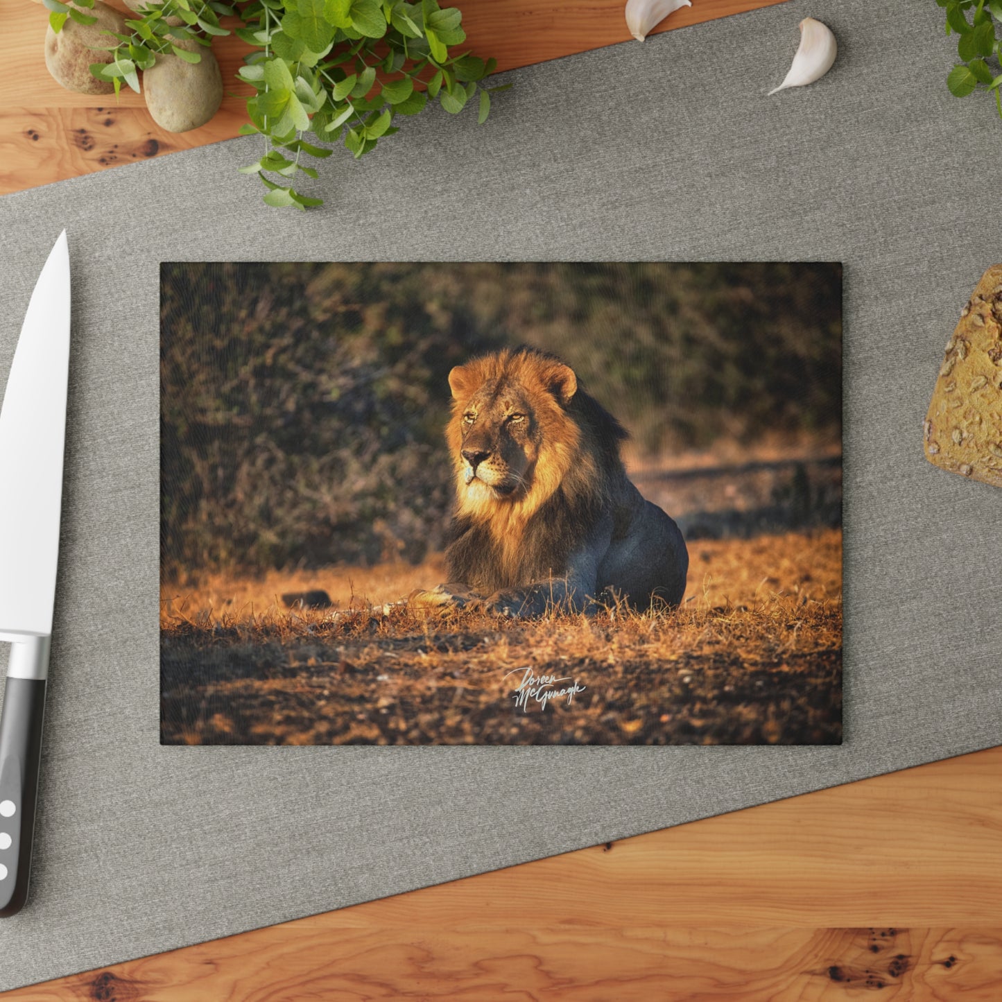 Enjoy Nature Glass Charcuterie Cutting Board with Lion King of the Jungle Design