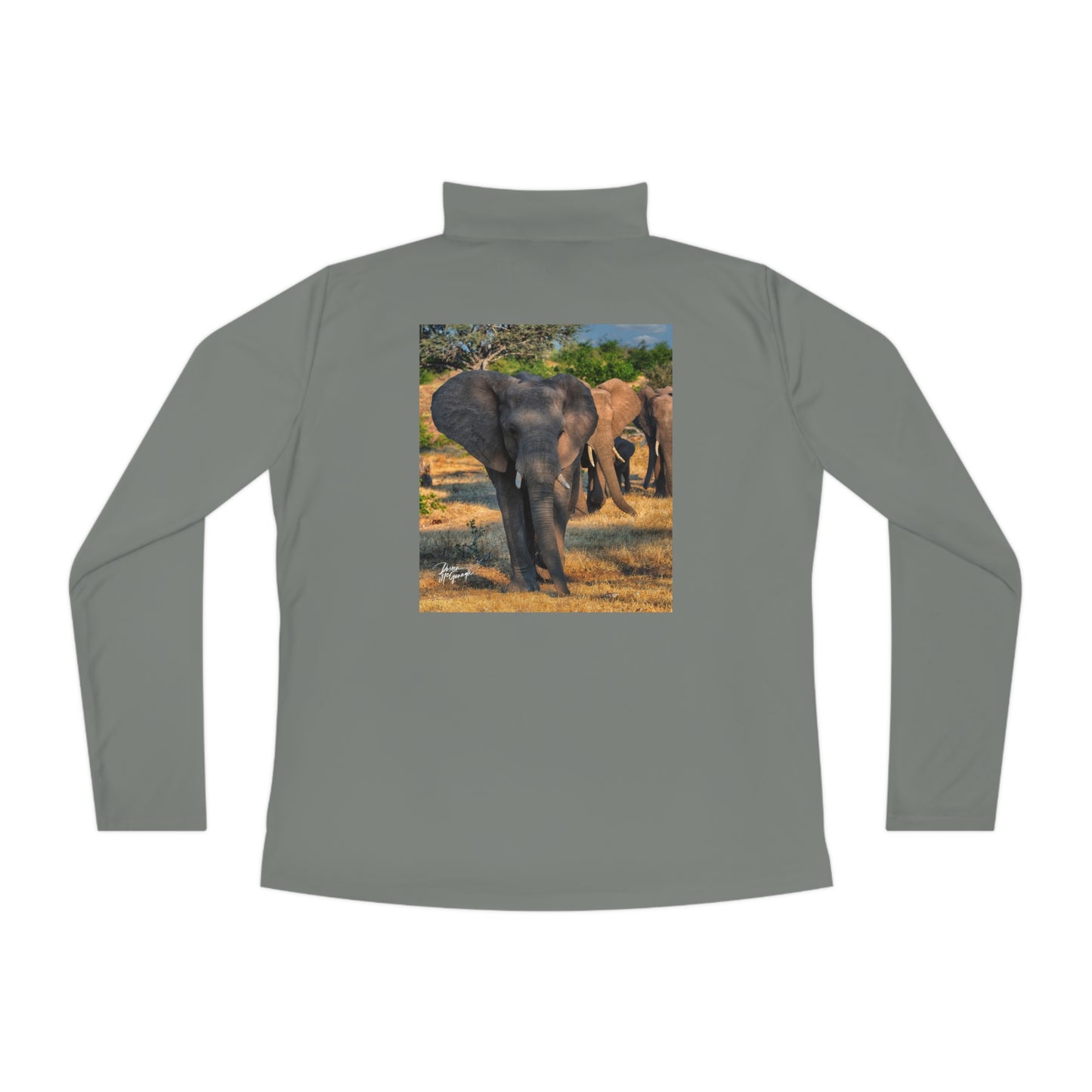 Ladies Quarter-Zip Pullover with Fine Art Image of Spirited Elephant Herd by Enjoy Nature