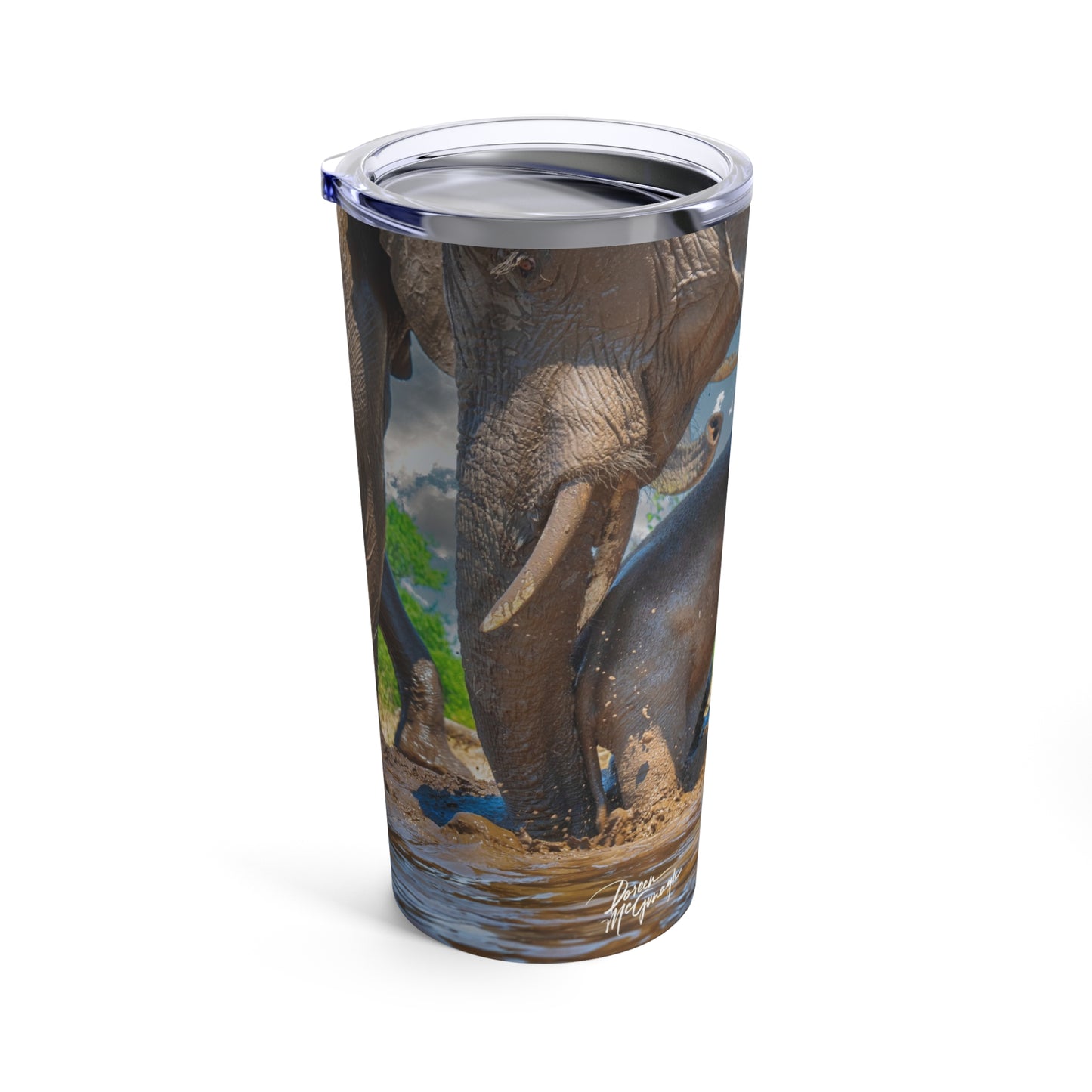 Enjoy Nature Mom with Baby Elephant at Watering Hole 20 oz Travel Tumbler