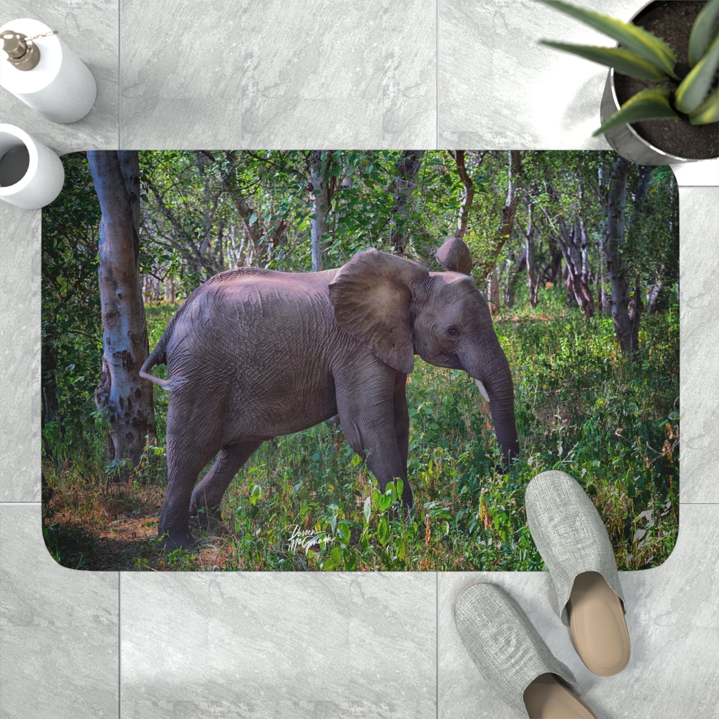 Baby Elephant in Forest Memory Foam Bath Mat