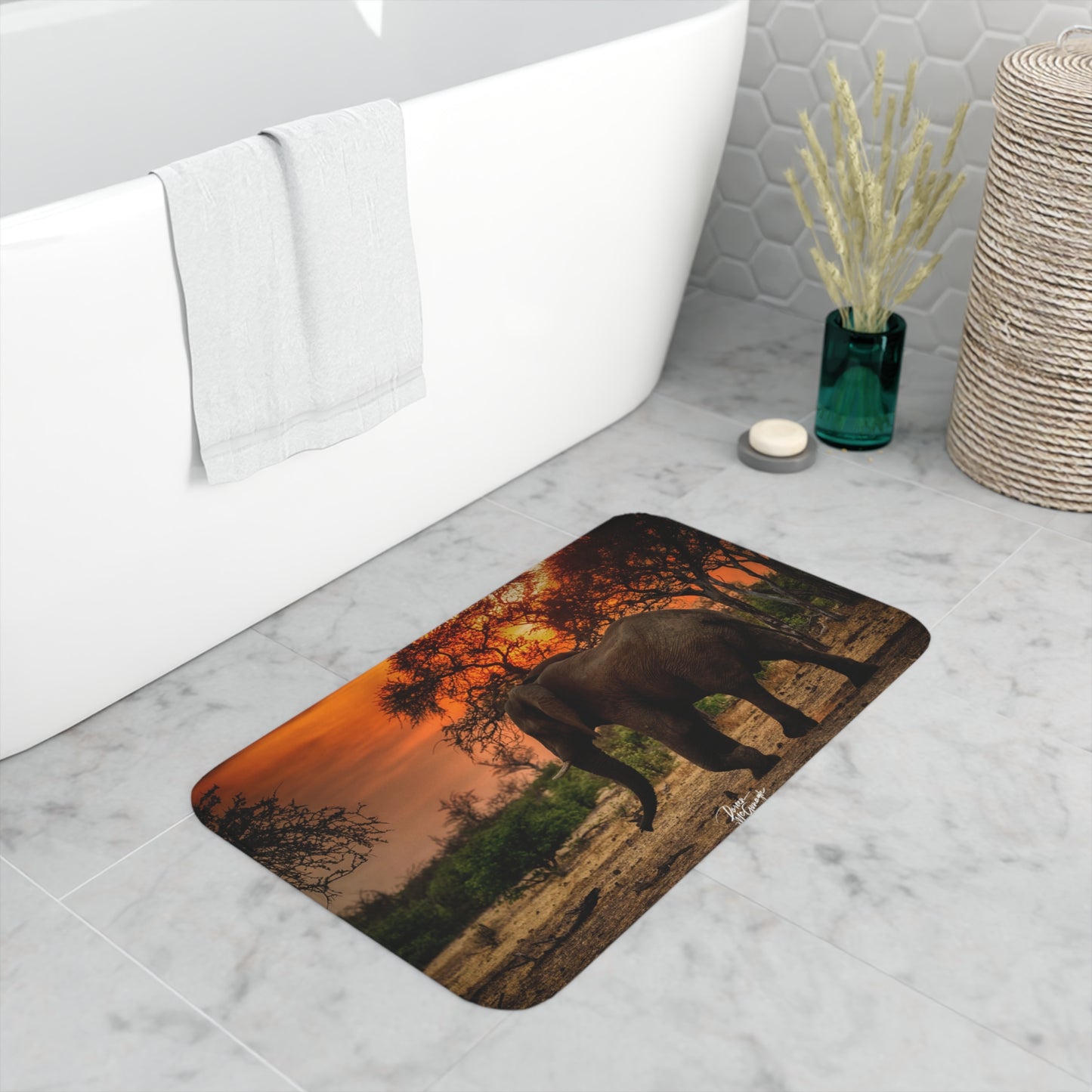 Spirited Elephant Silhouette at Sunset Memory Foam Bath Mat from Enjoy Nature