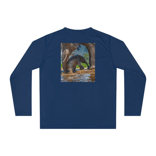 Unisex Long Sleeve Performance Tee - "Elephant Baby with Mom's Gentle Touch" by Enjoy Nature