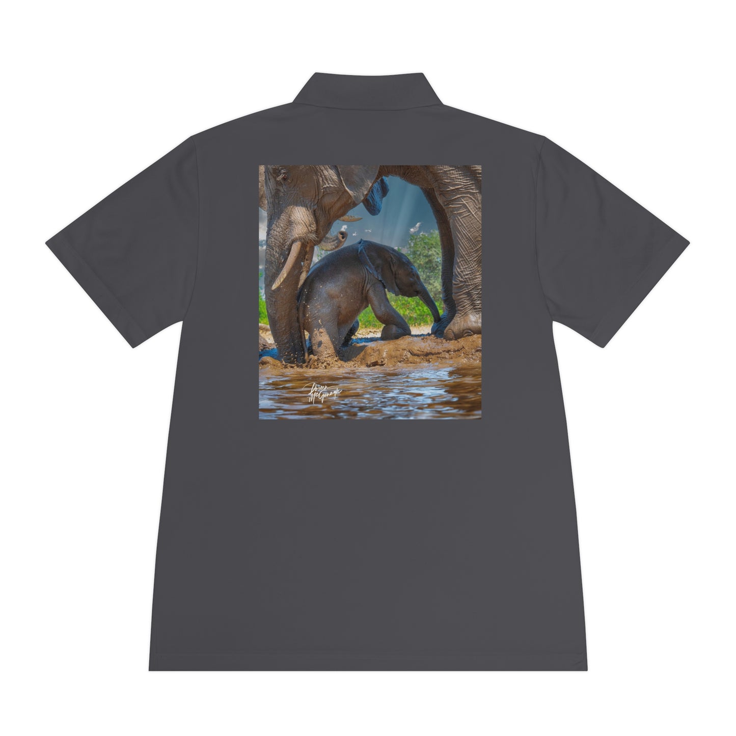 Men's Performance Polo Shirt - Baby Elephant with Mom by Enjoy Nature