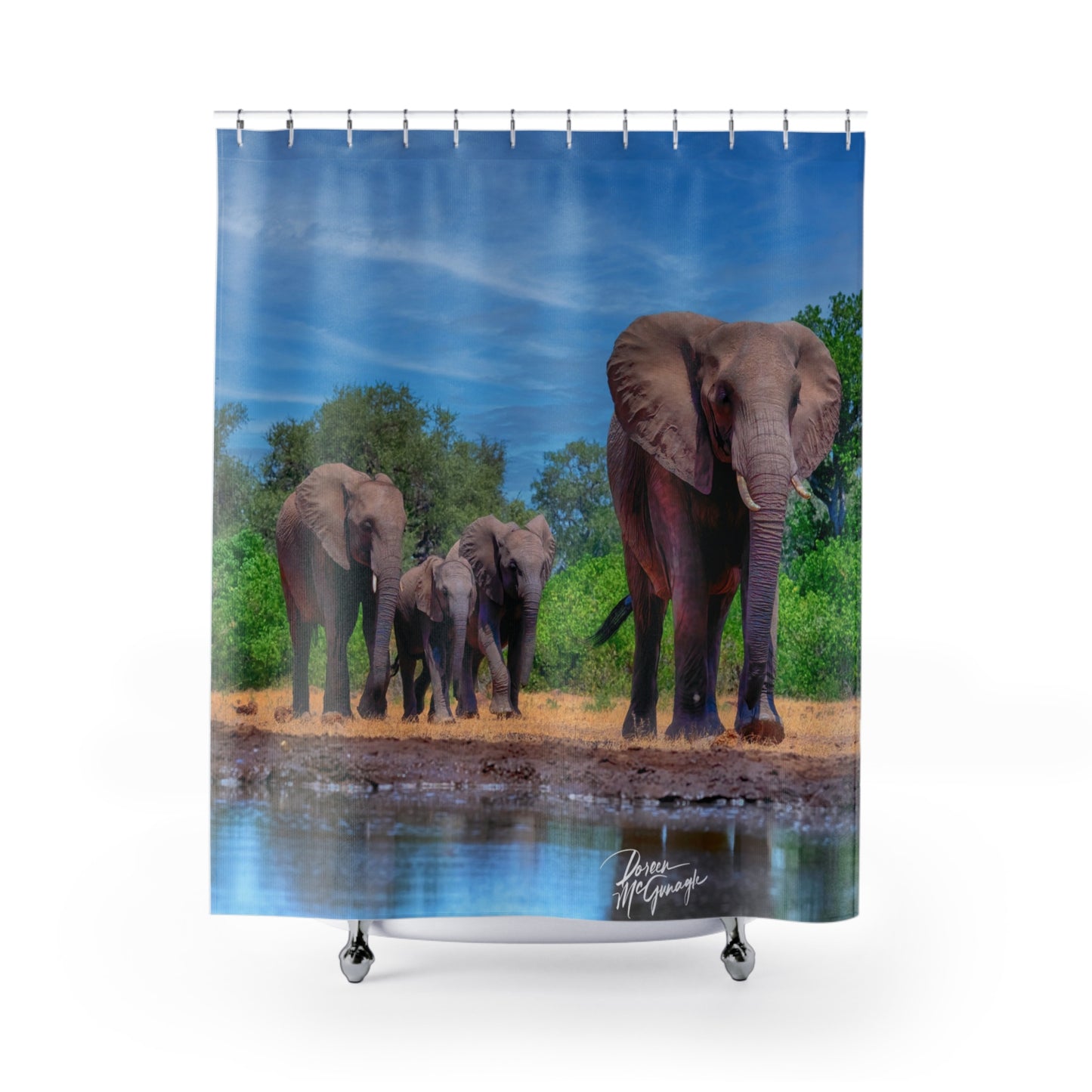 Elephant Family at Watering Hole Shower Curtain | Serene & Earthy Wildlife Decor by Enjoy Nature