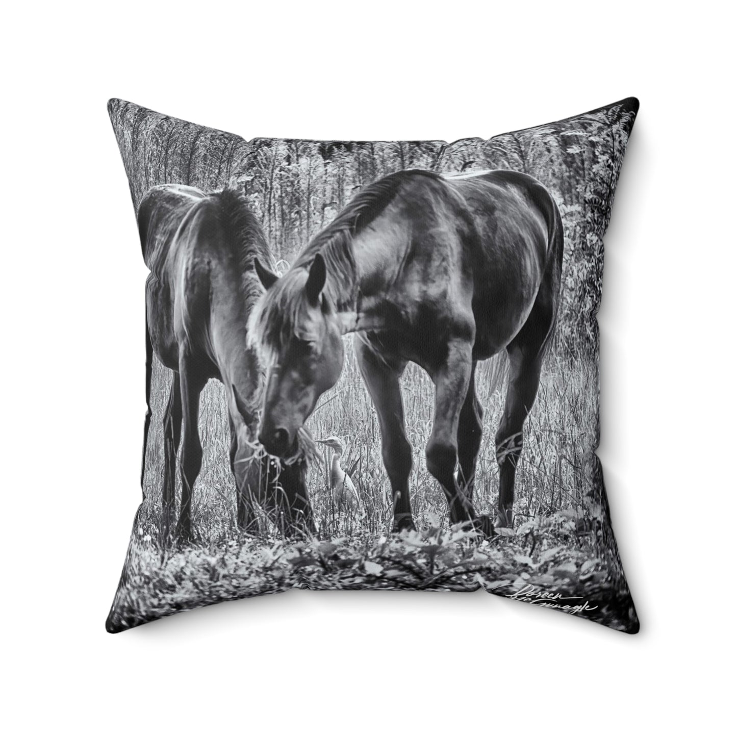 cool throw pillows| comfy throw pillows| luxury throw pillows|  animal throw pillows | Black-White Pair of Horses grazing