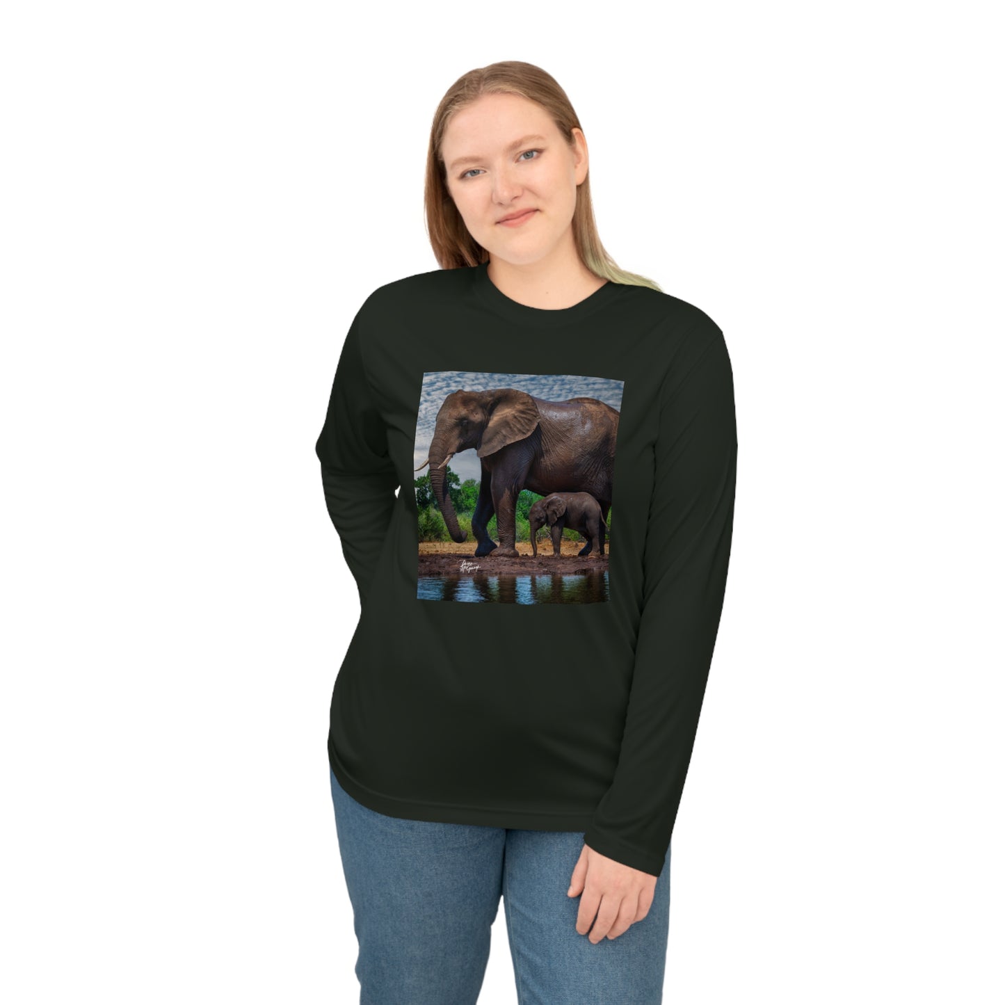 Unisex Long Sleeve Performance Tee - "Elephant Baby with Mom" by Enjoy Nature