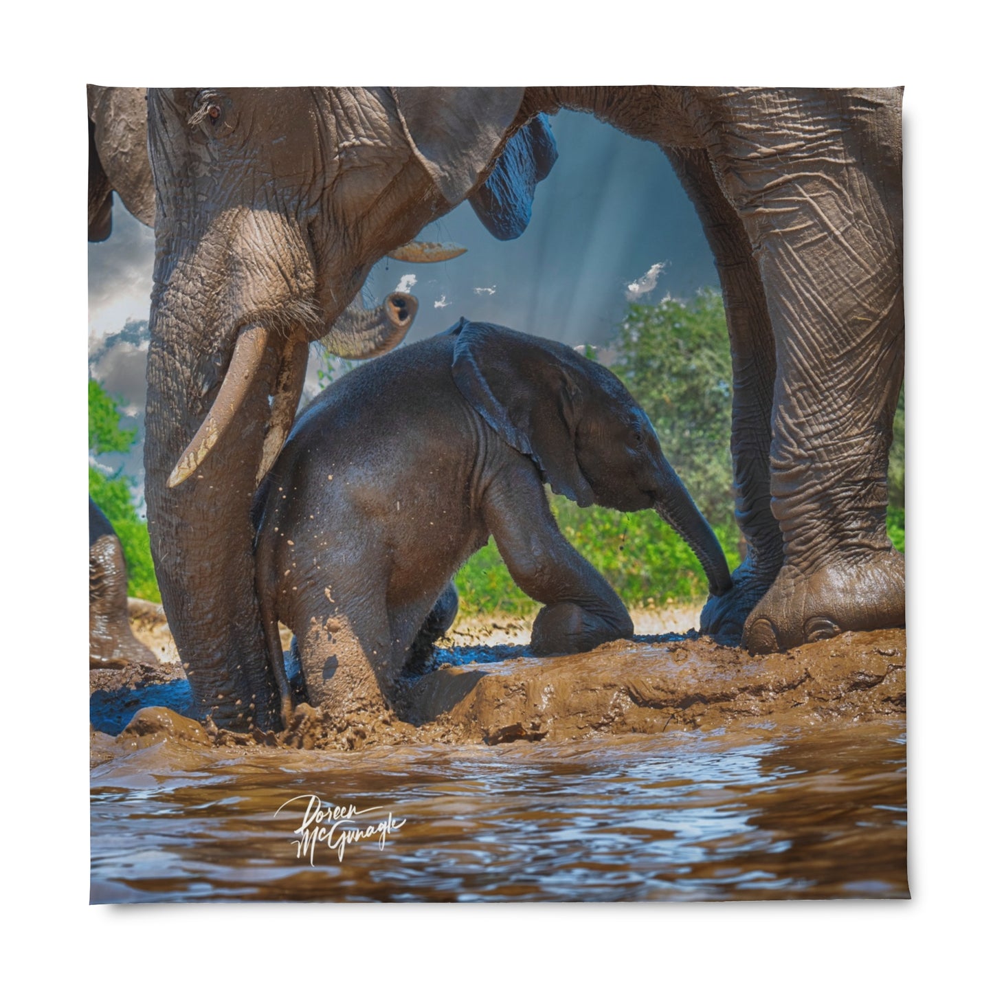 Enjoy Nature Baby Elephant with Mom at Watering Hole Duvet Cover