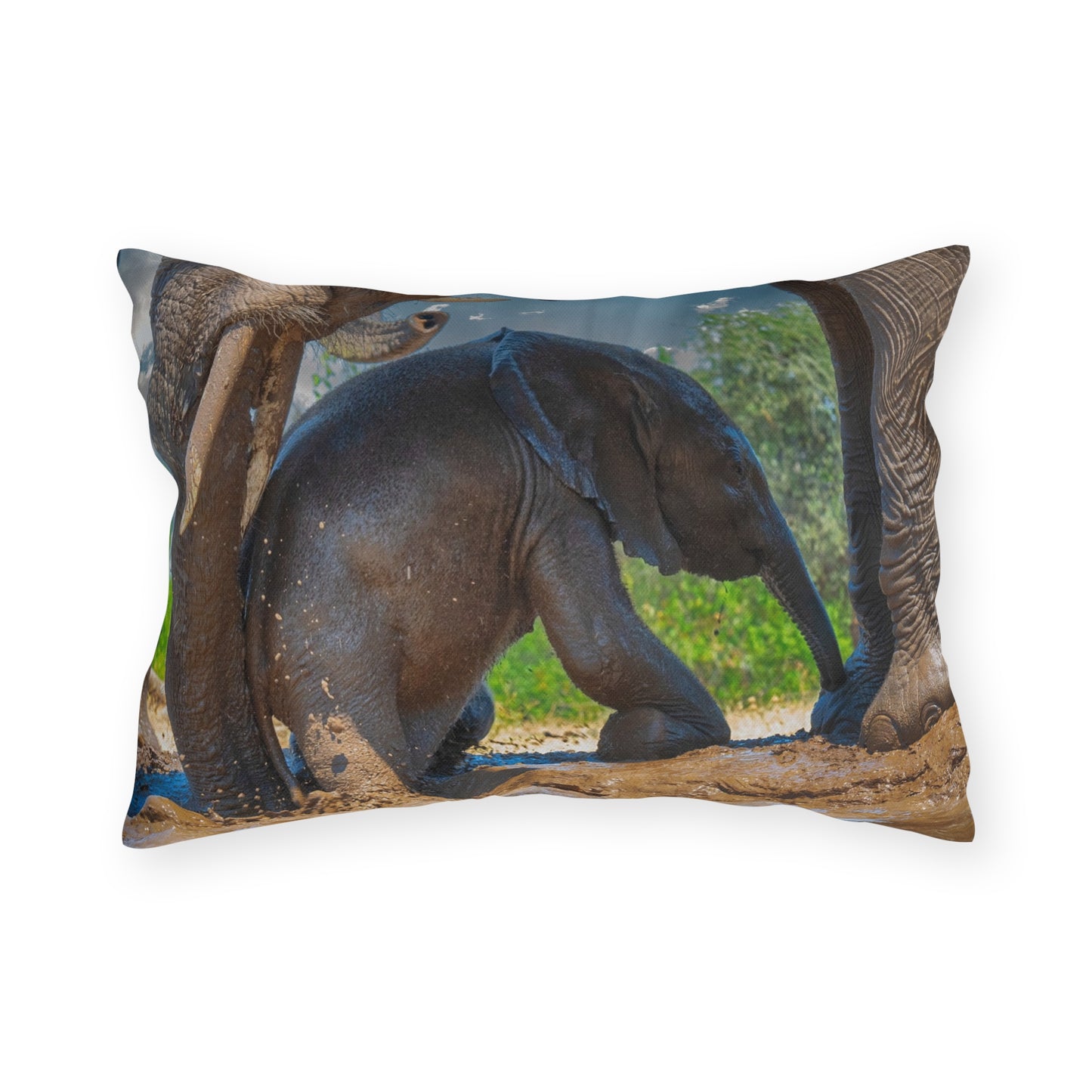 Enjoy Nature Outdoor Pillow with Elephant Baby with Protective Mom – Artistic, Comfy, and Durable Decorative Accent