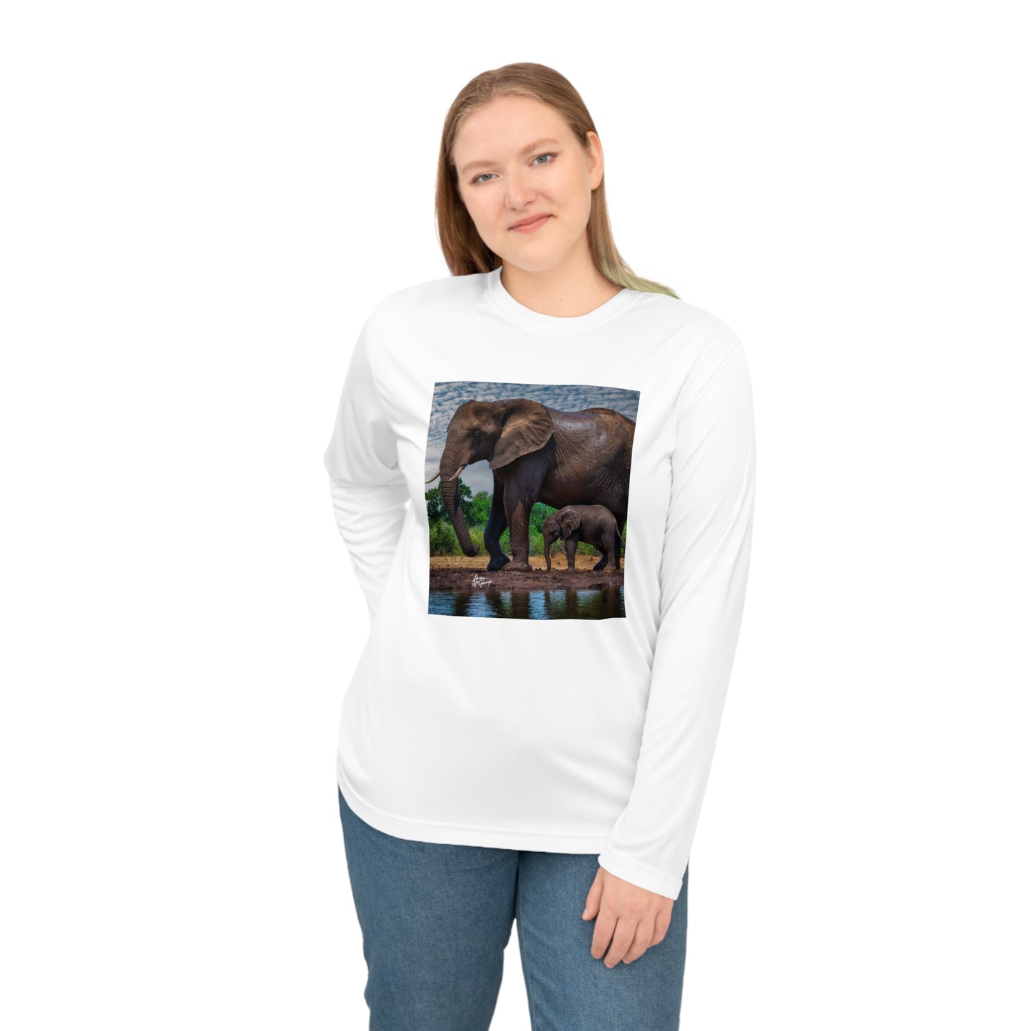 Unisex Long Sleeve Performance Tee - "Elephant Baby with Mom" by Enjoy Nature