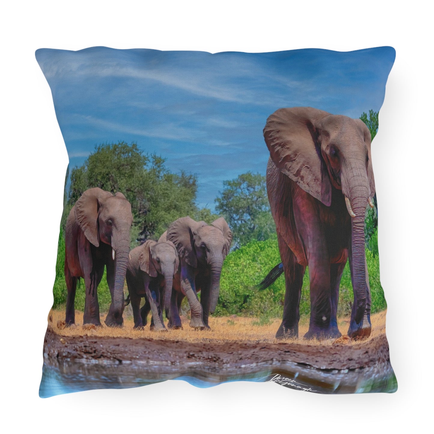 Enjoy Nature Outdoor Pillow with Elephant Family at Watering Hole – Artistic, Comfy, and Durable Decorative Accent