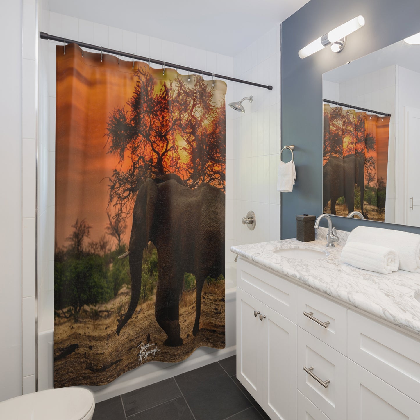 Forest Giraffe at Sunset on Savanna Shower Curtain | Majestic & Earthy Scenic Decor by Enjoy Nature