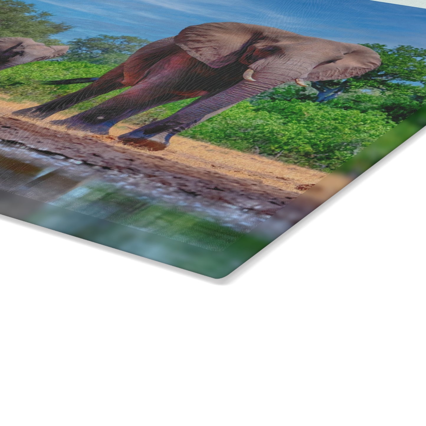 Enjoy Nature Glass Charcuterie Cutting Board with Elephant Family at Watering Hole Design