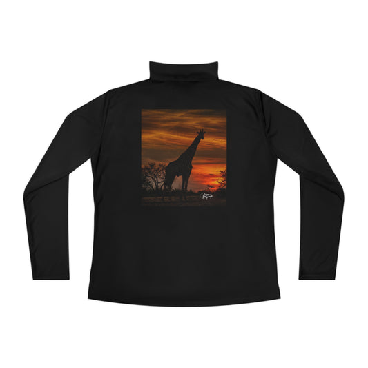 Ladies Quarter-Zip Pullover with Fine Art Image of Giraffe Silhouette at Sunset by Enjoy Nature