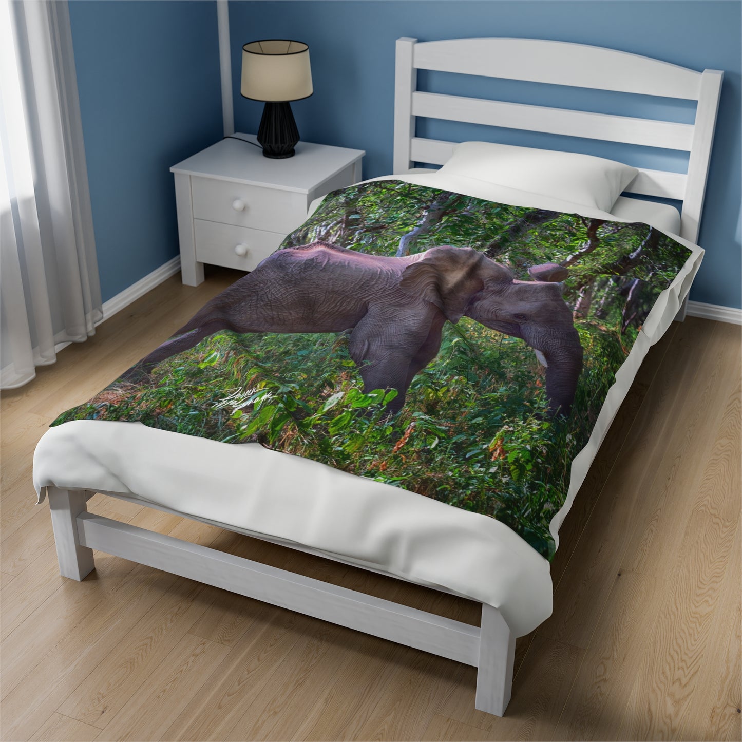 Velveteen Plush Blanket with Elephant Baby in Forest by Enjoy Nature