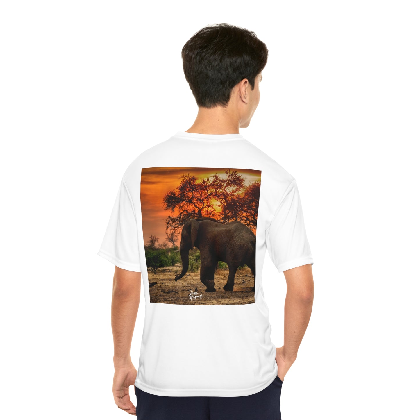 Men's Performance T-Shirt with Fine Art Image of Spirited Elephant at Sunset by Enjoy Nature