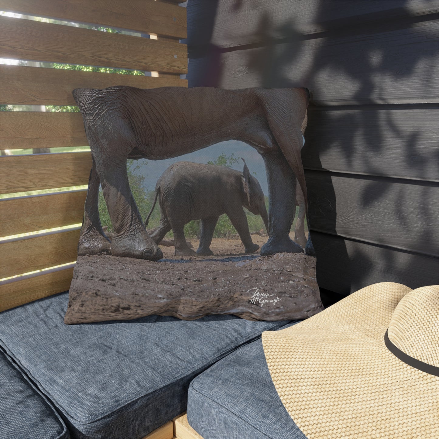 Enjoy Nature Outdoor Pillow with Baby Elephant Walk with Mom – Artistic, Comfy, and Durable Decorative Accent