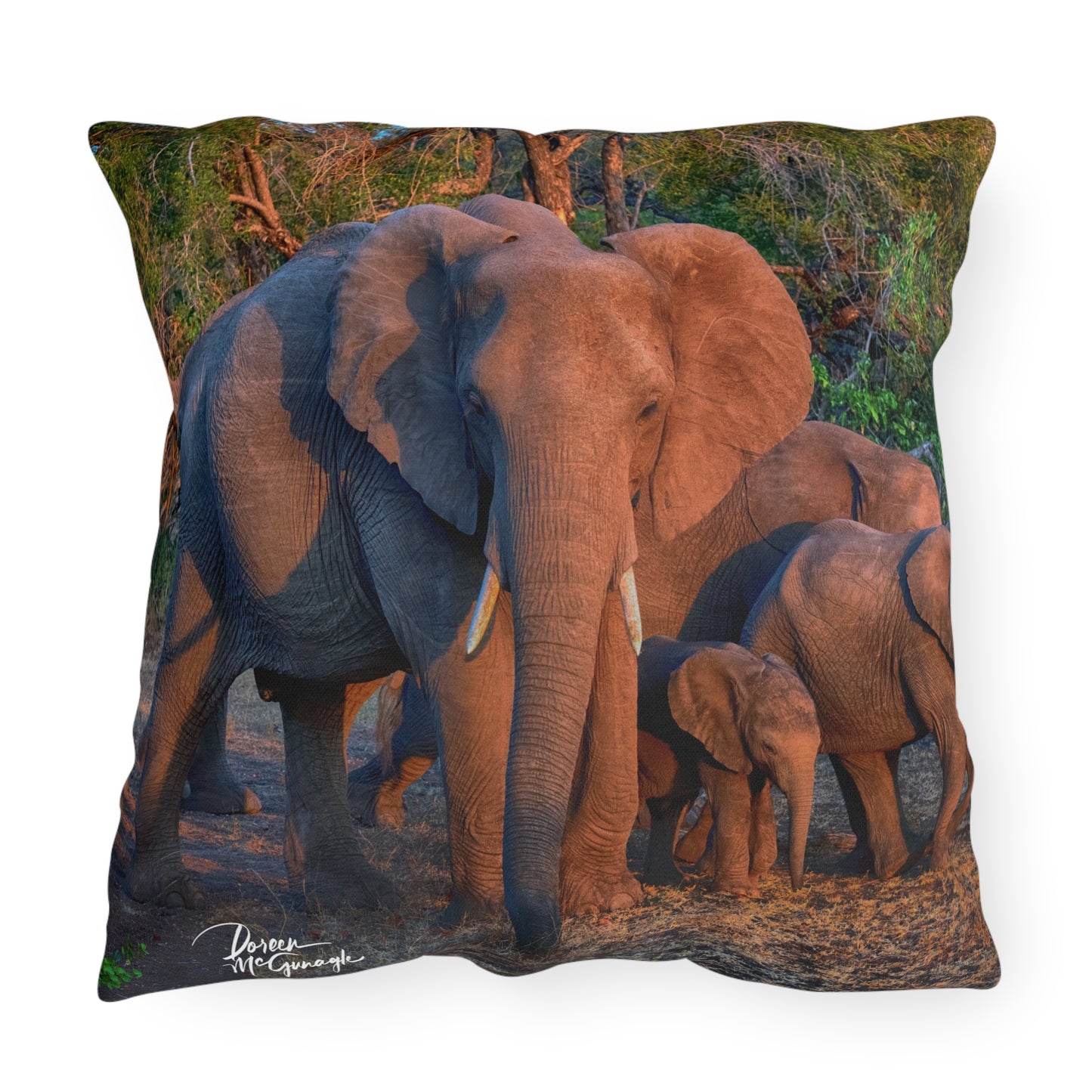 Enjoy Nature Outdoor Pillow with Elephant Family – Artistic, Comfy, and Durable Decorative Accent