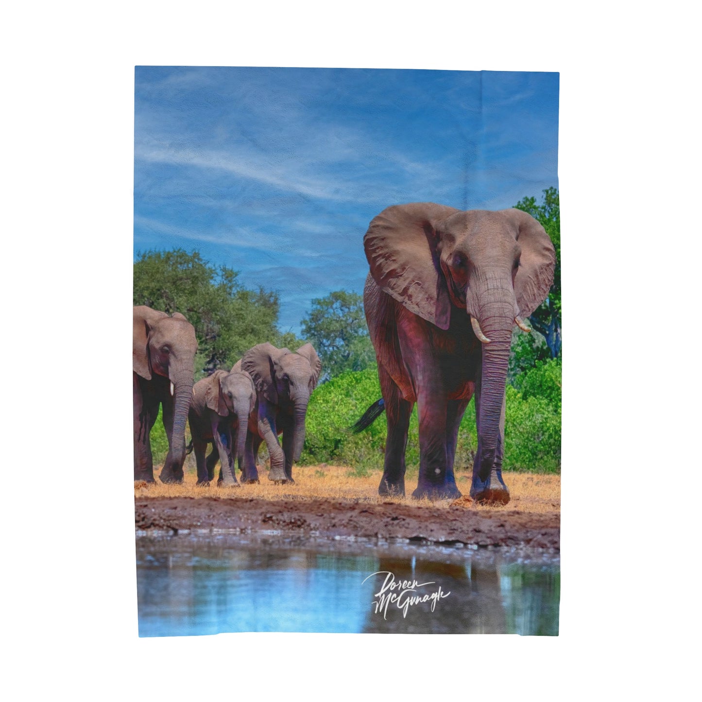 Velveteen Plush Blanket with Elephant Family at Watering Hole by Enjoy Nature