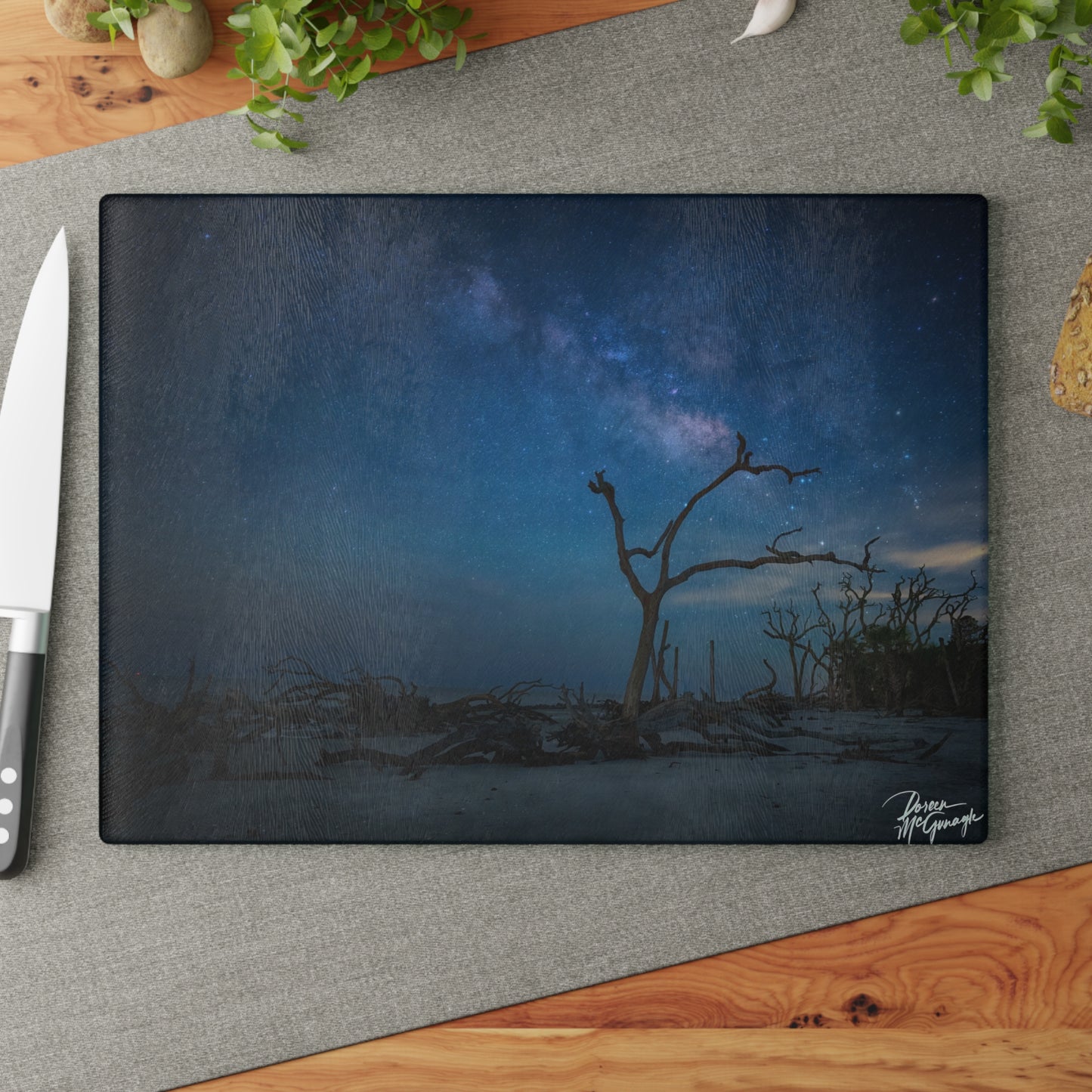 Enjoy Nature Glass Charcuterie Cutting Board with Milky Way Midnight Design