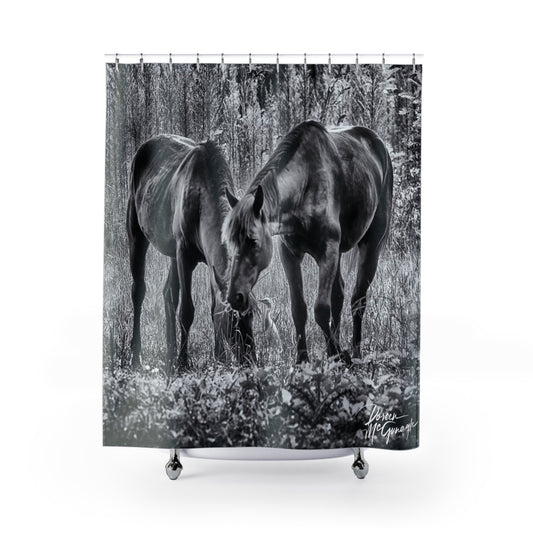 Whimsical Shower Curtain|Nature Shower Curtain|Wild Horses Black and White Shower Curtain|Unique Shower Curtain|Modern Bathroom Accessories