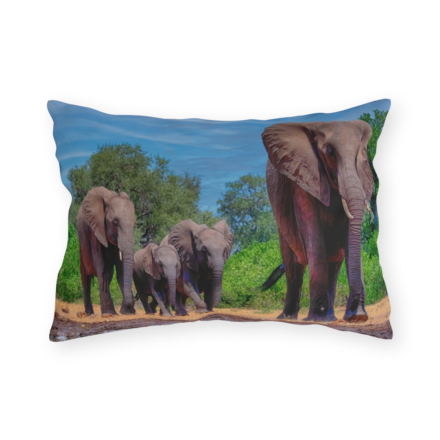 Enjoy Nature Outdoor Pillow with Elephant Family at Watering Hole – Artistic, Comfy, and Durable Decorative Accent