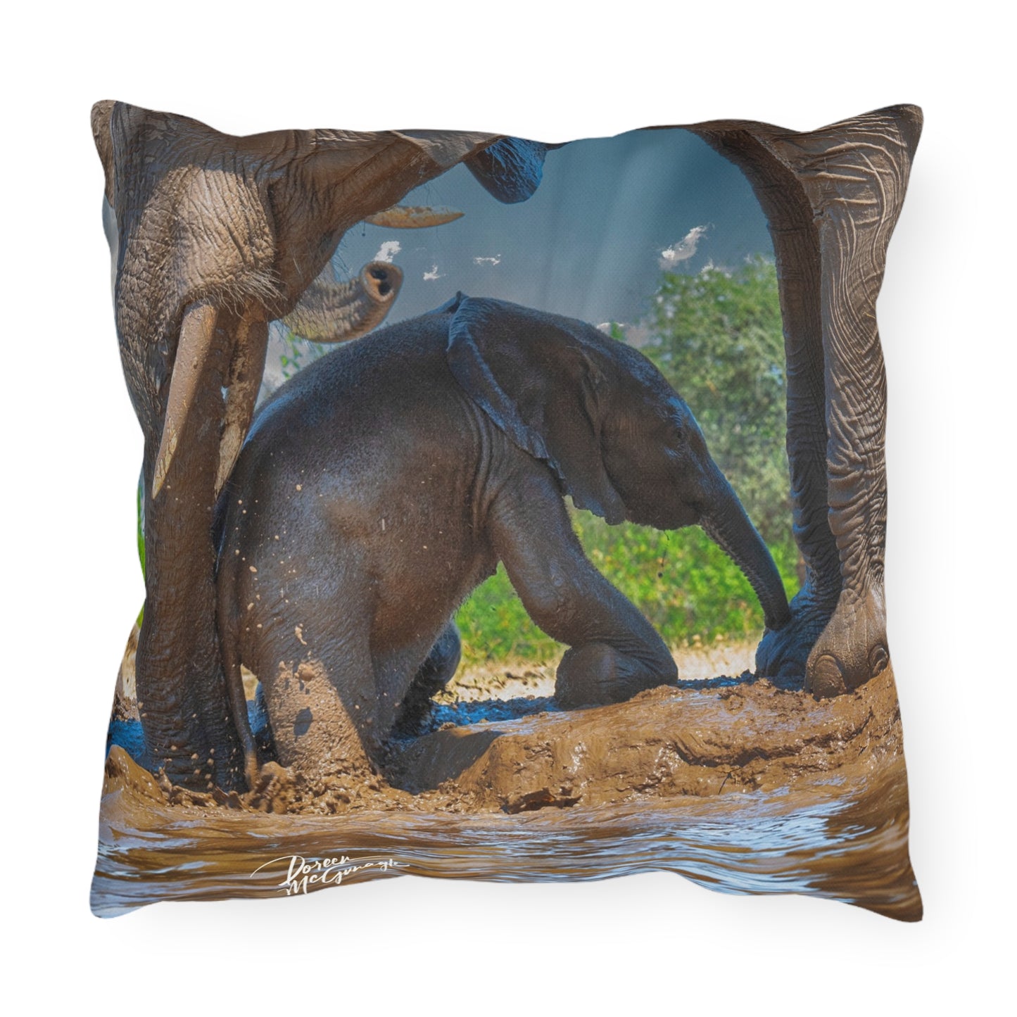 Enjoy Nature Outdoor Pillow with Elephant Baby with Protective Mom – Artistic, Comfy, and Durable Decorative Accent