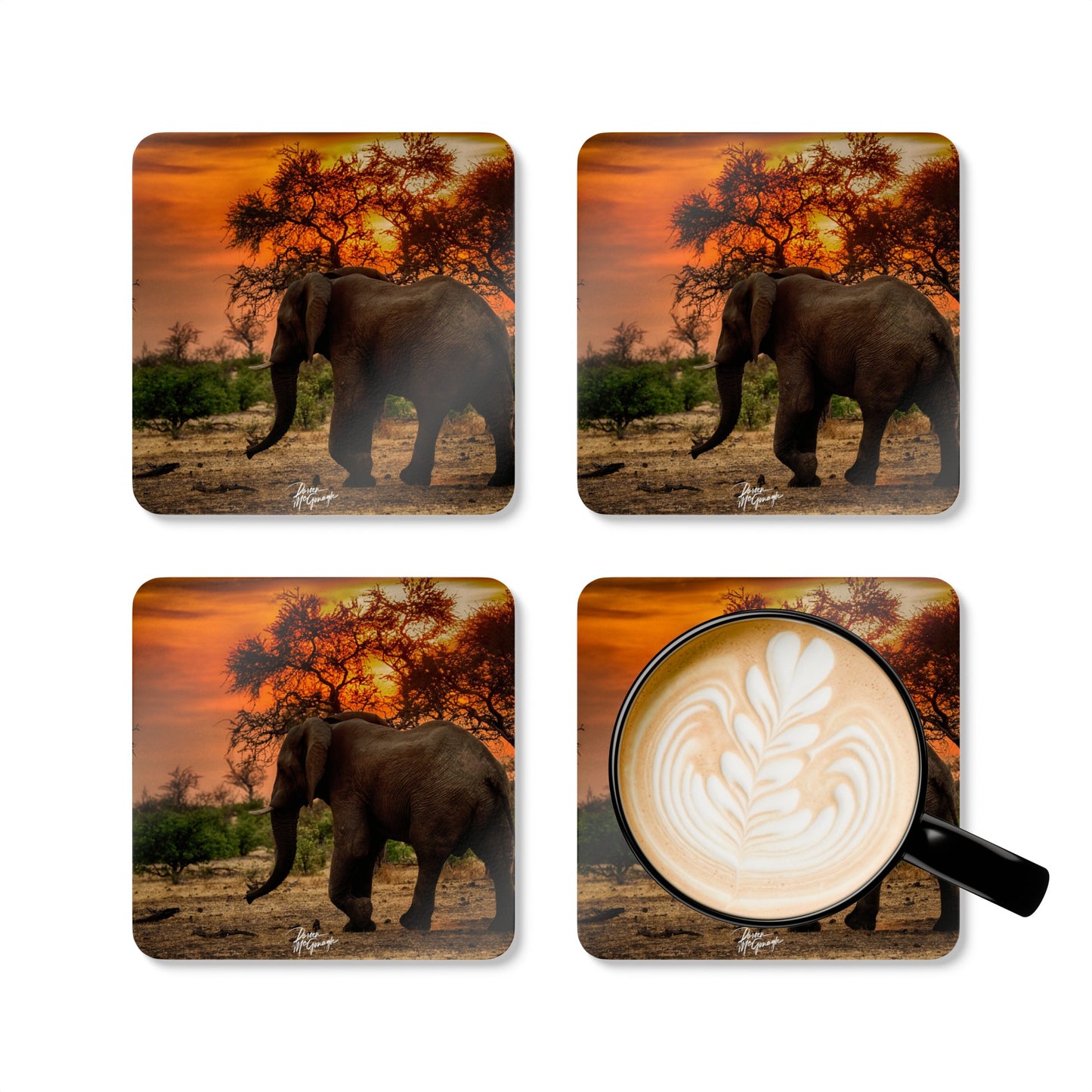 Elephant Silhouette at Sunrise Corkwood Coaster Set (Box of 4)