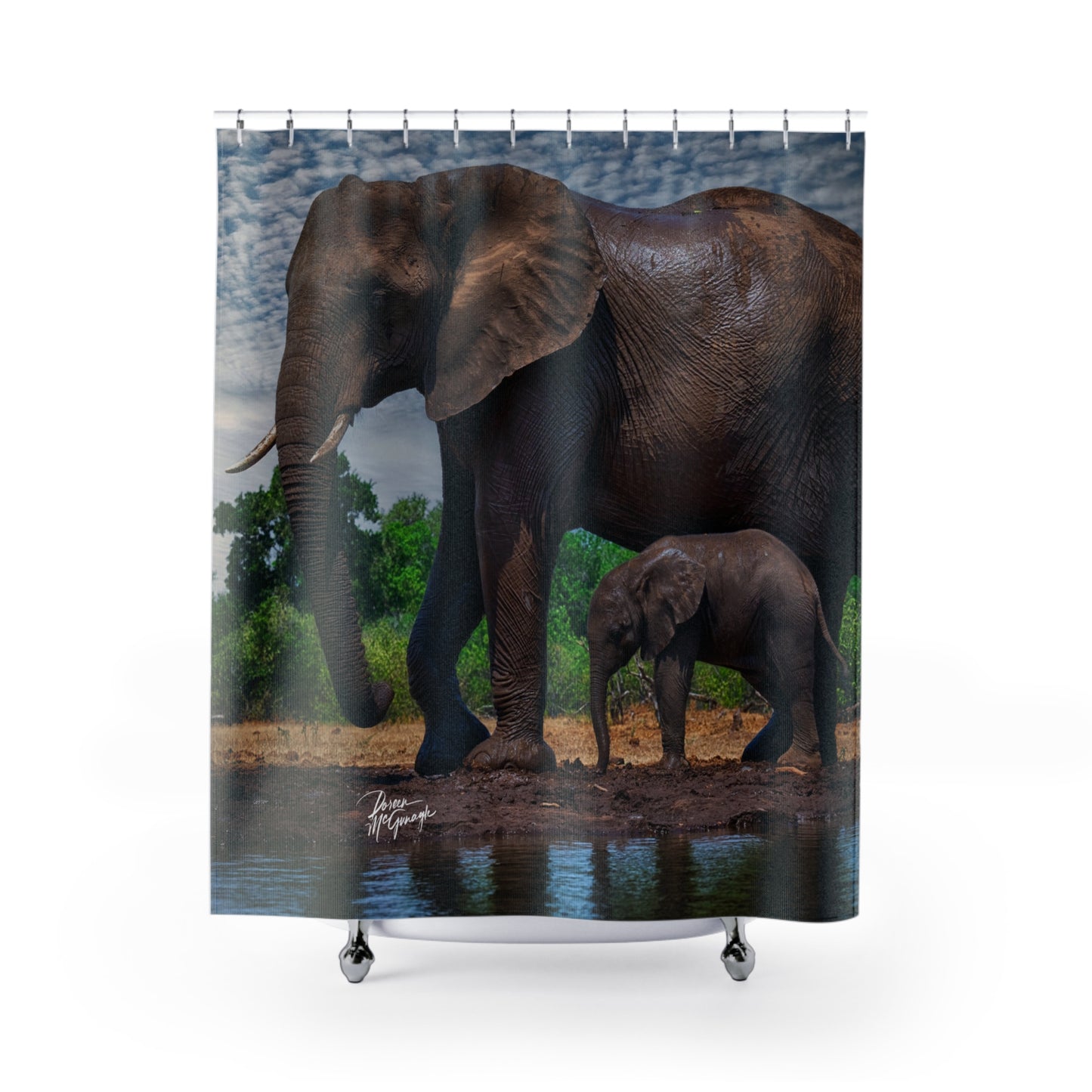 Mother Elephant and Baby at Watering Hole Shower Curtain | Heartwarming & Earthy Wildlife Decor by Enjoy Nature