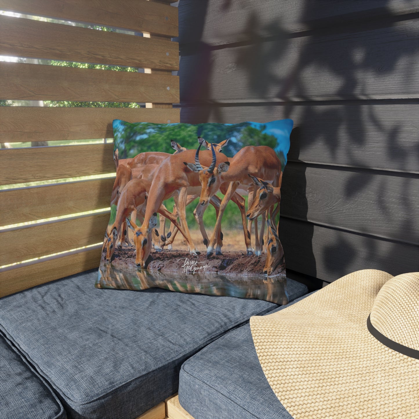 Enjoy Nature Outdoor Pillow with African Antelope at Watering Hole – Artistic, Comfy, and Durable Decorative Accent