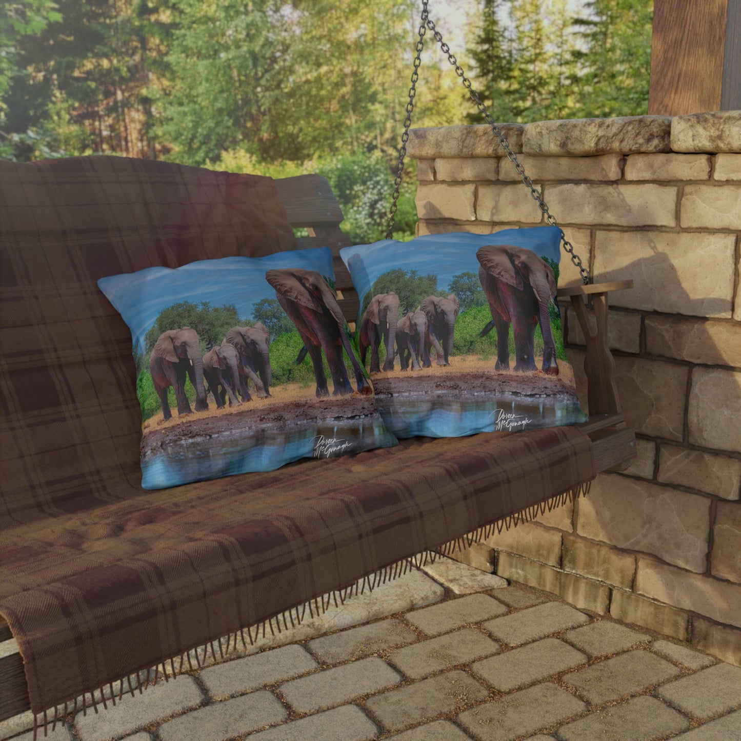 Enjoy Nature Outdoor Pillow with Elephant Family at Watering Hole – Artistic, Comfy, and Durable Decorative Accent