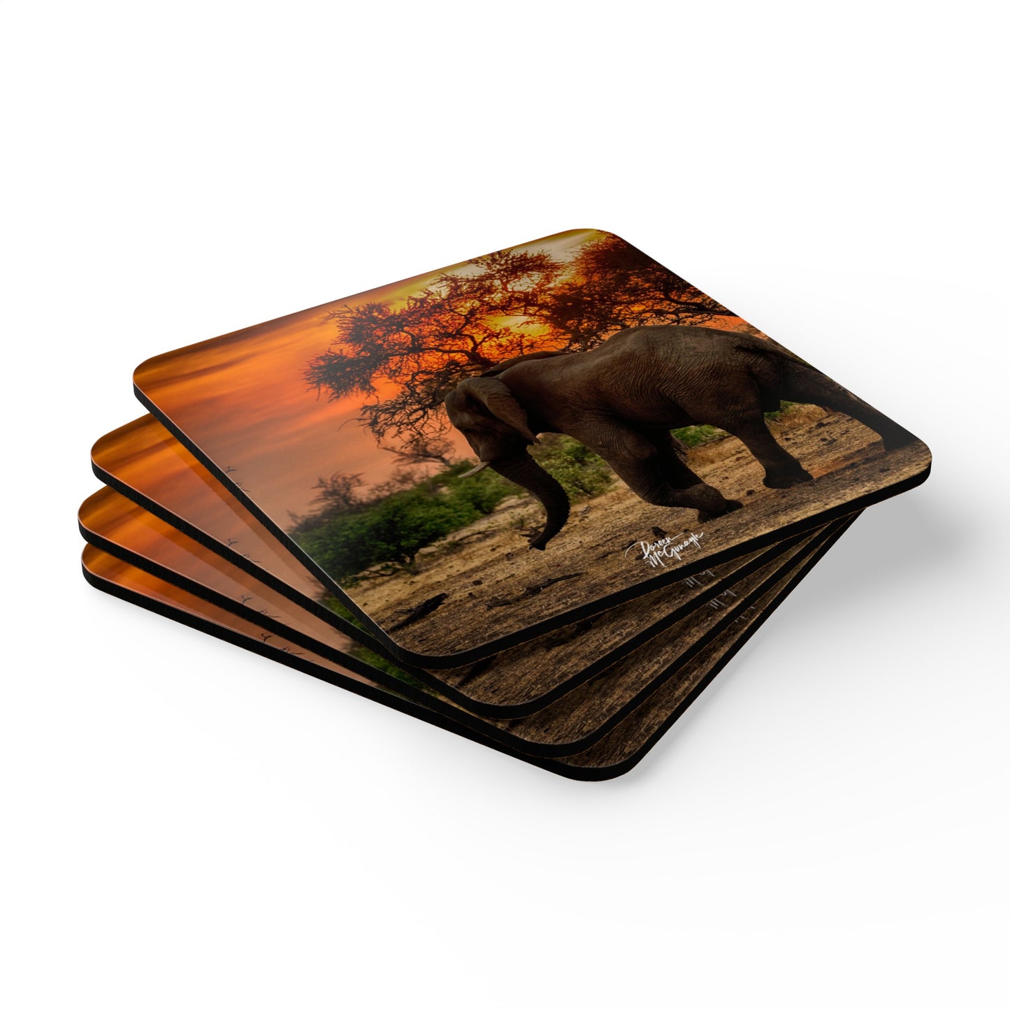 Elephant Silhouette at Sunrise Corkwood Coaster Set (Box of 4)