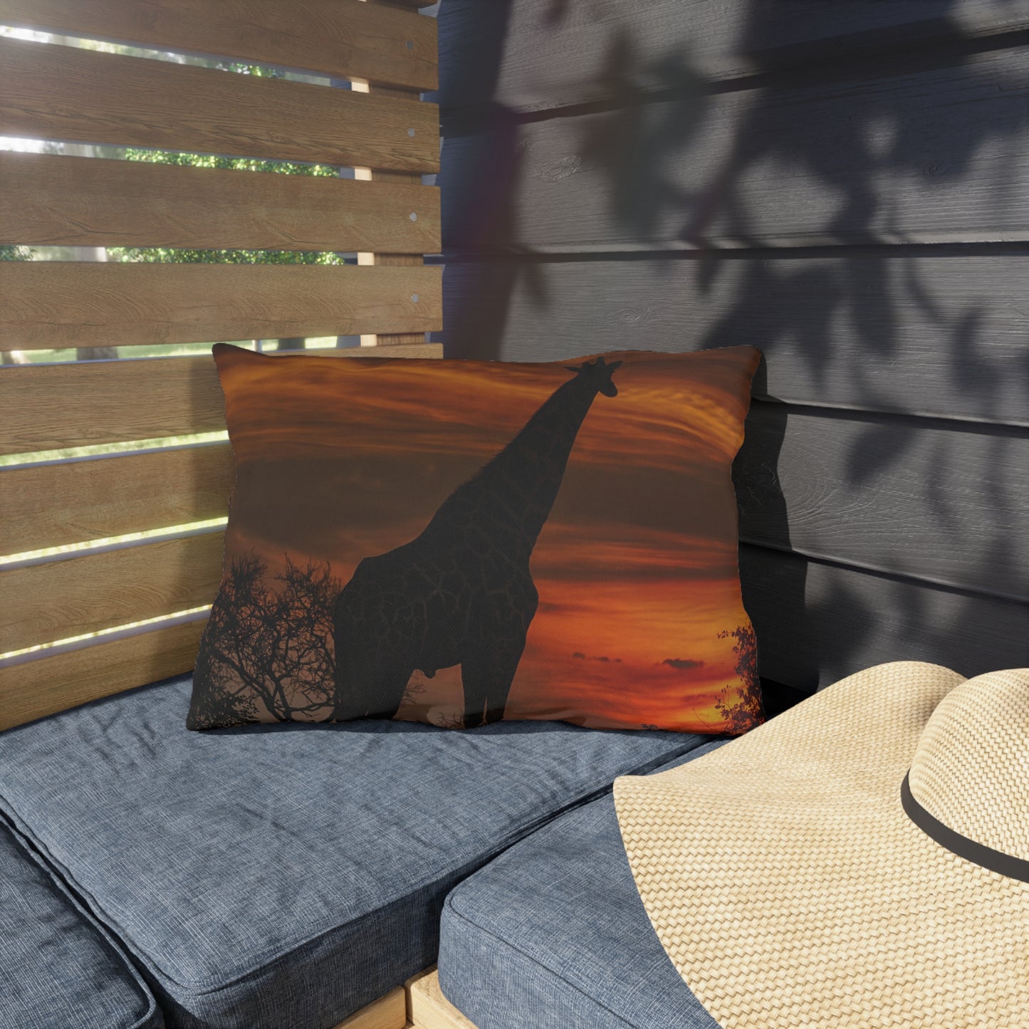 Enjoy Nature Outdoor Pillow with Giraffe Silhouette at Sunset – Artistic, Comfy, and Durable Decorative Accent