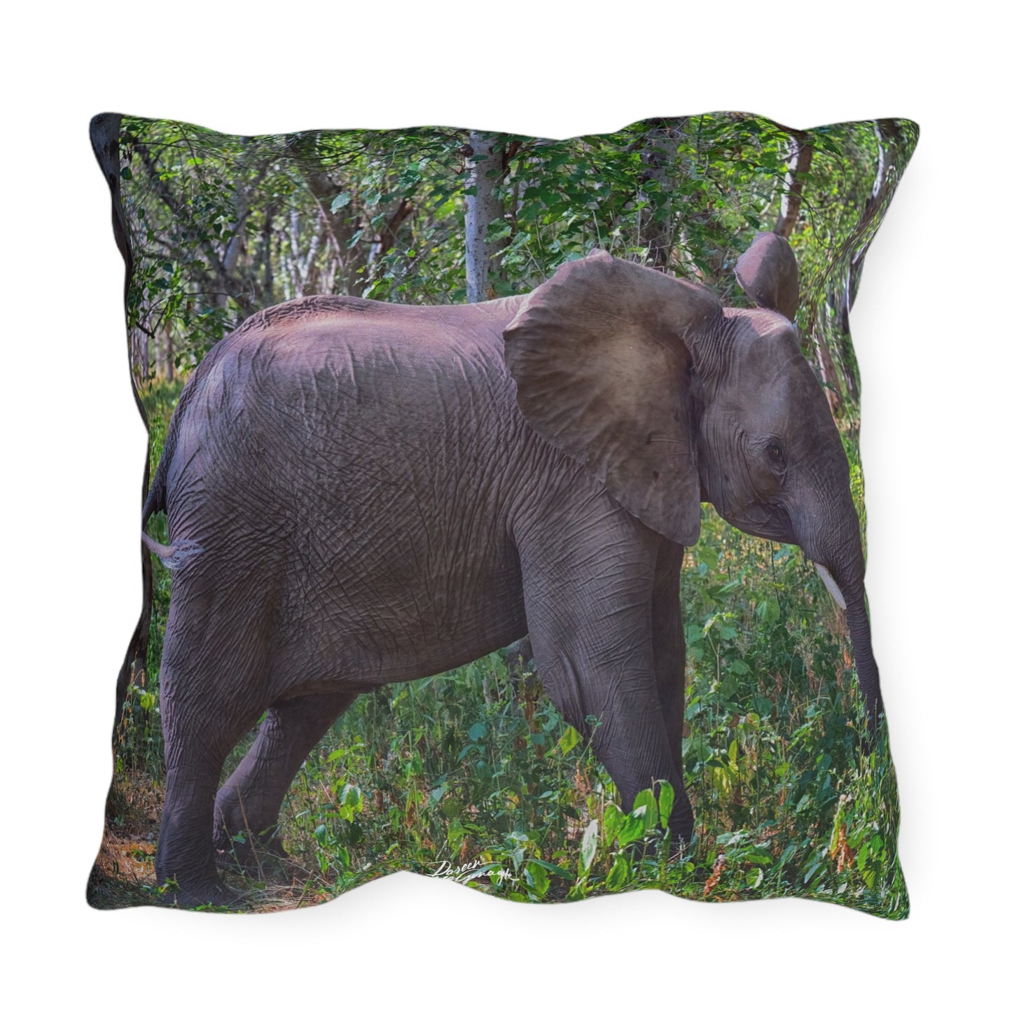 Enjoy Nature Outdoor Pillow with Elephant Baby in Forest – Artistic, Comfy, and Durable Decorative Accent