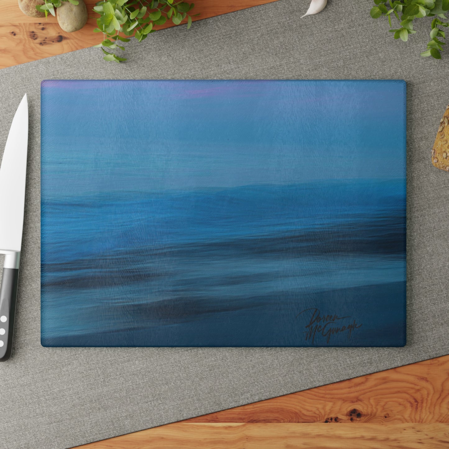 Artistic Blue Dawn Glass Cutting Board with Nature-Inspired Design