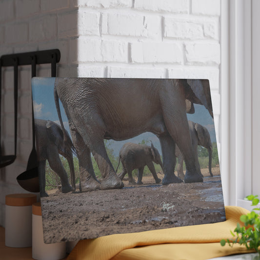 Enjoy Nature Glass Charcuterie Cutting Board with Baby Elephant Walk with Mom Design