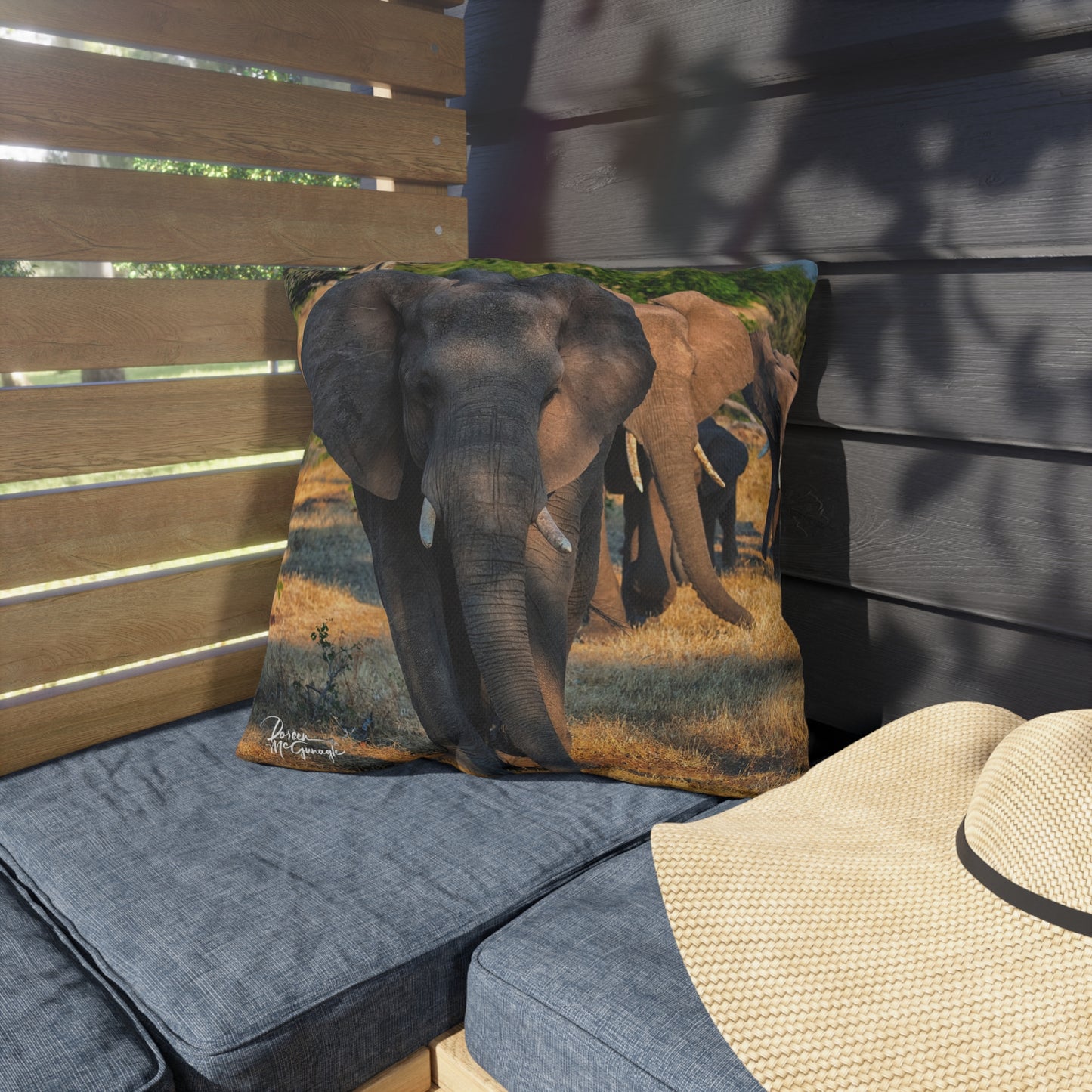 Enjoy Nature Outdoor Pillow with Elephant Family – Artistic, Comfy, and Durable Decorative Accent