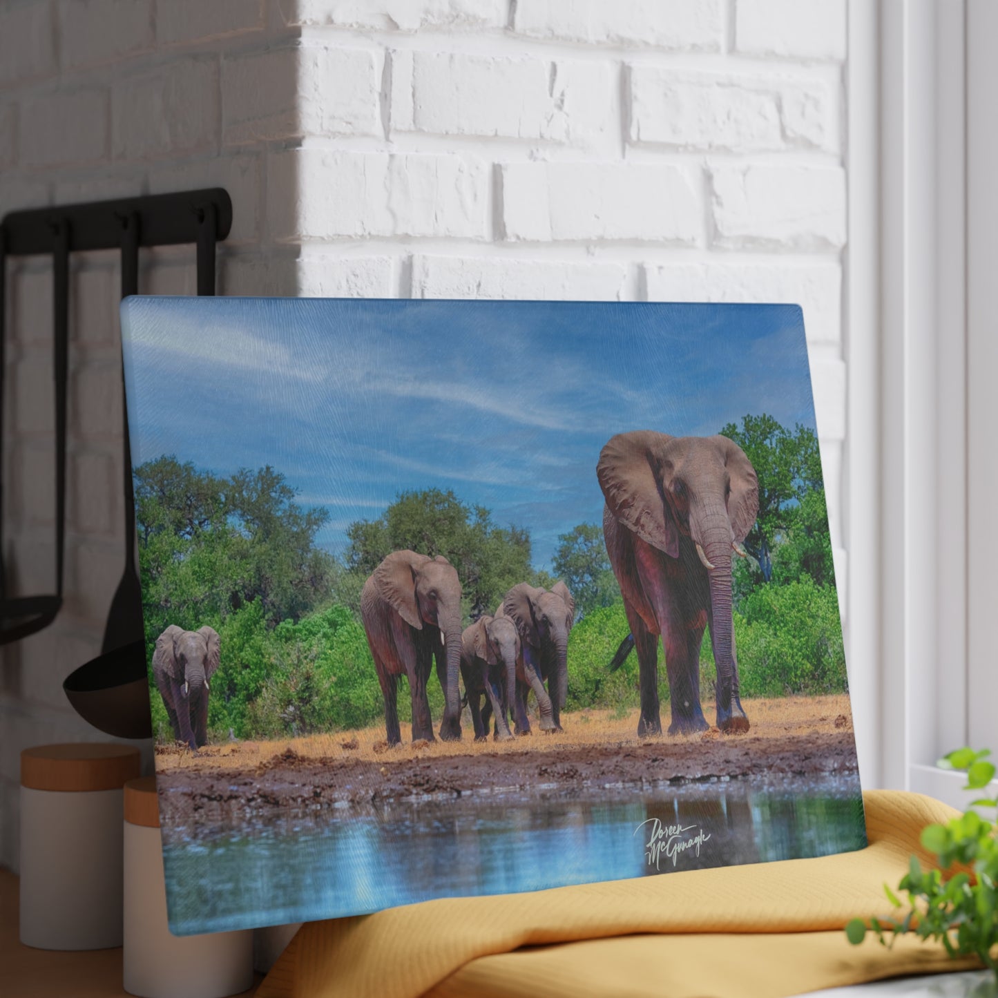 Enjoy Nature Glass Charcuterie Cutting Board with Elephant Family at Watering Hole Design