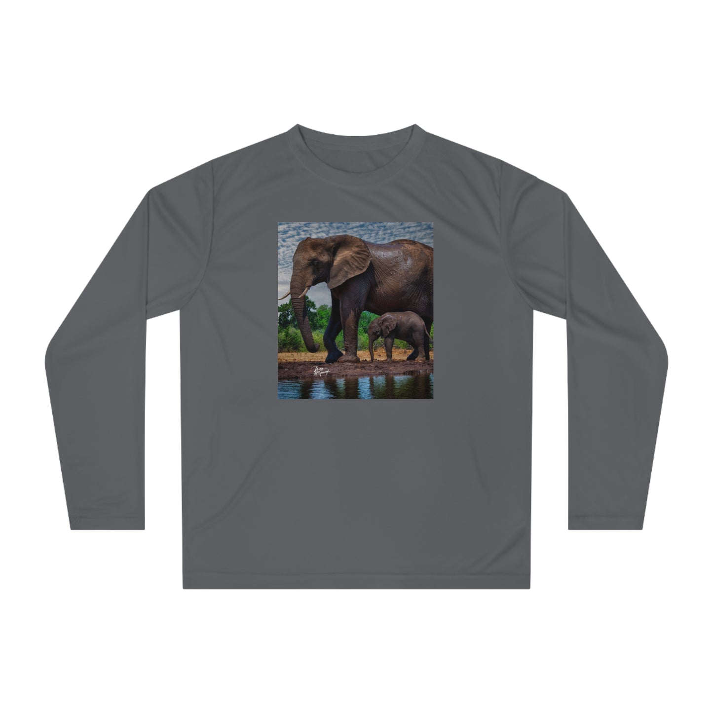 Unisex Long Sleeve Performance Tee - "Elephant Baby with Mom" by Enjoy Nature