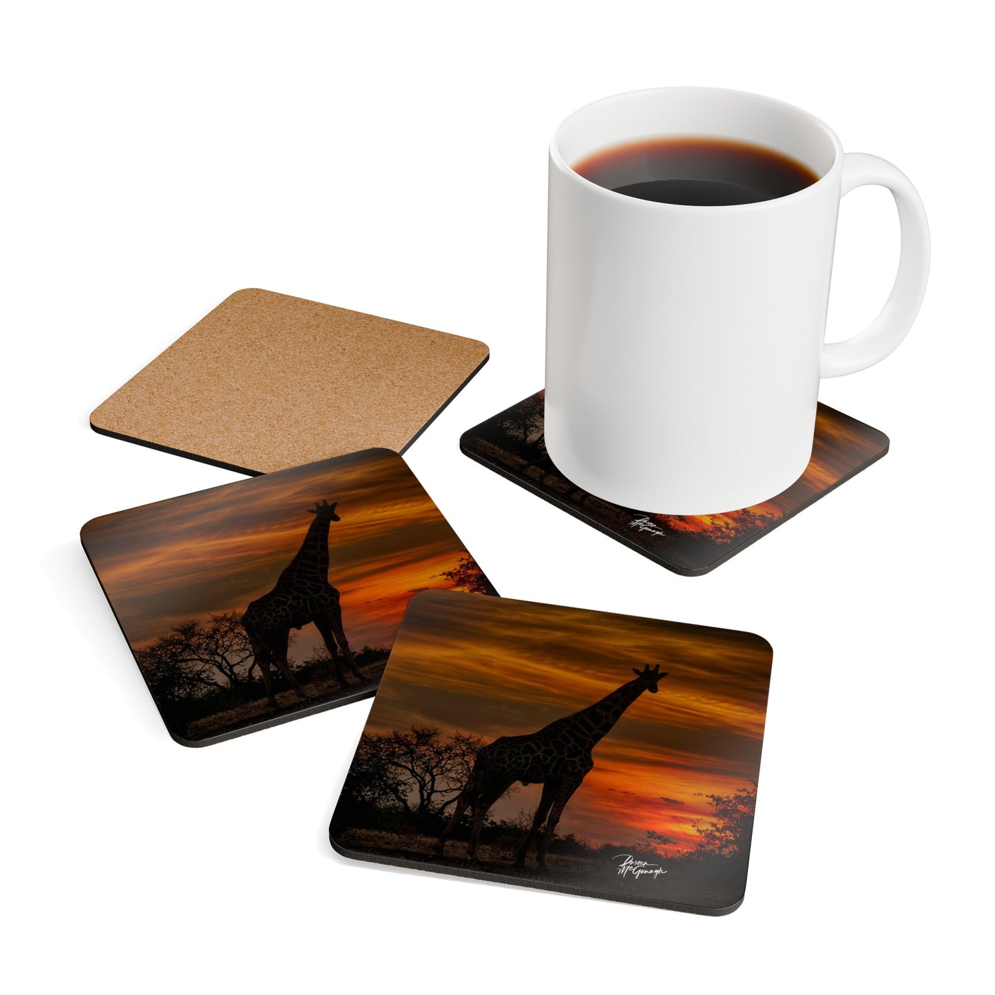 Forest Giraffe: A Sunset Silhouette Corkwood Coaster Set (Box of 4)