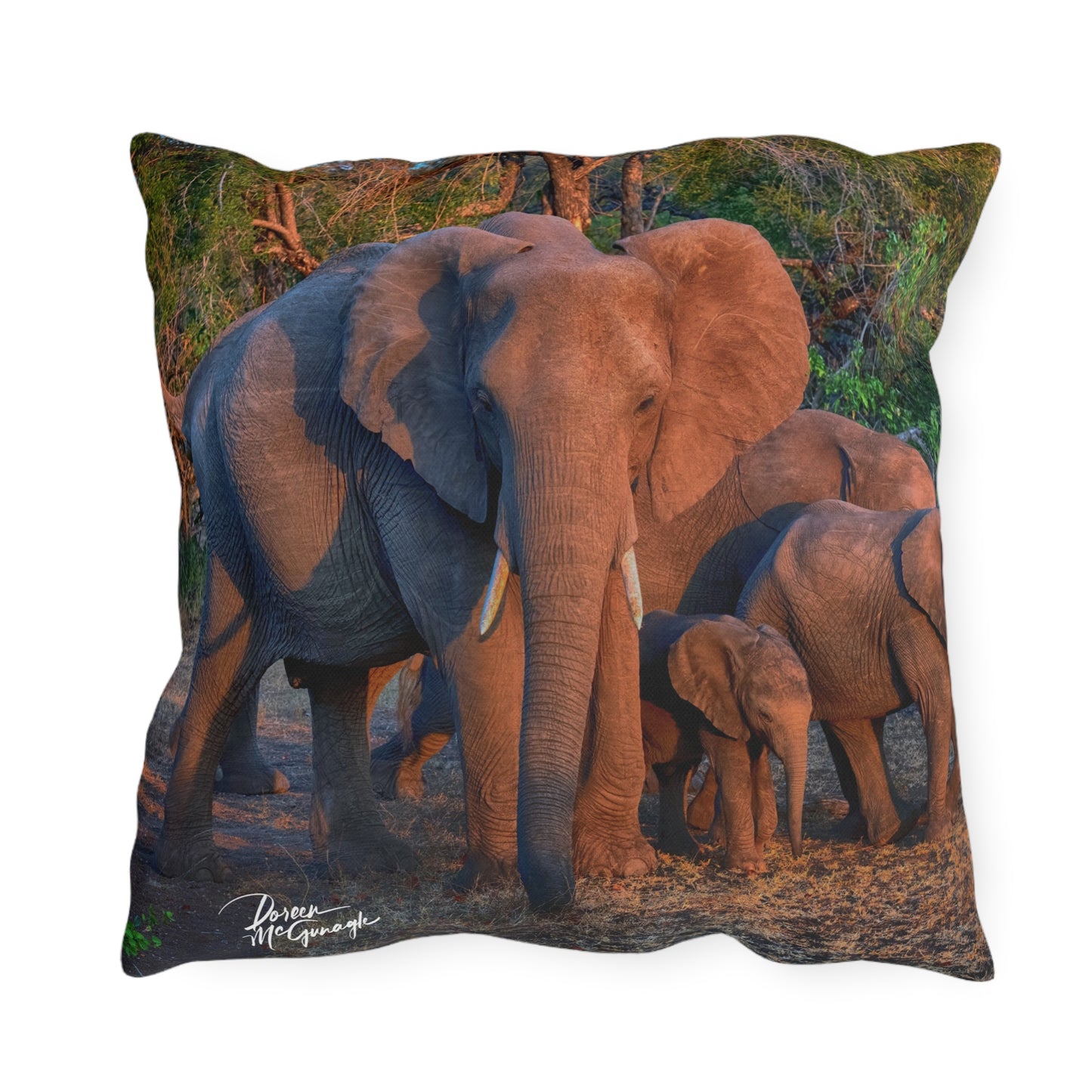 Enjoy Nature Outdoor Pillow with Elephant Family – Artistic, Comfy, and Durable Decorative Accent