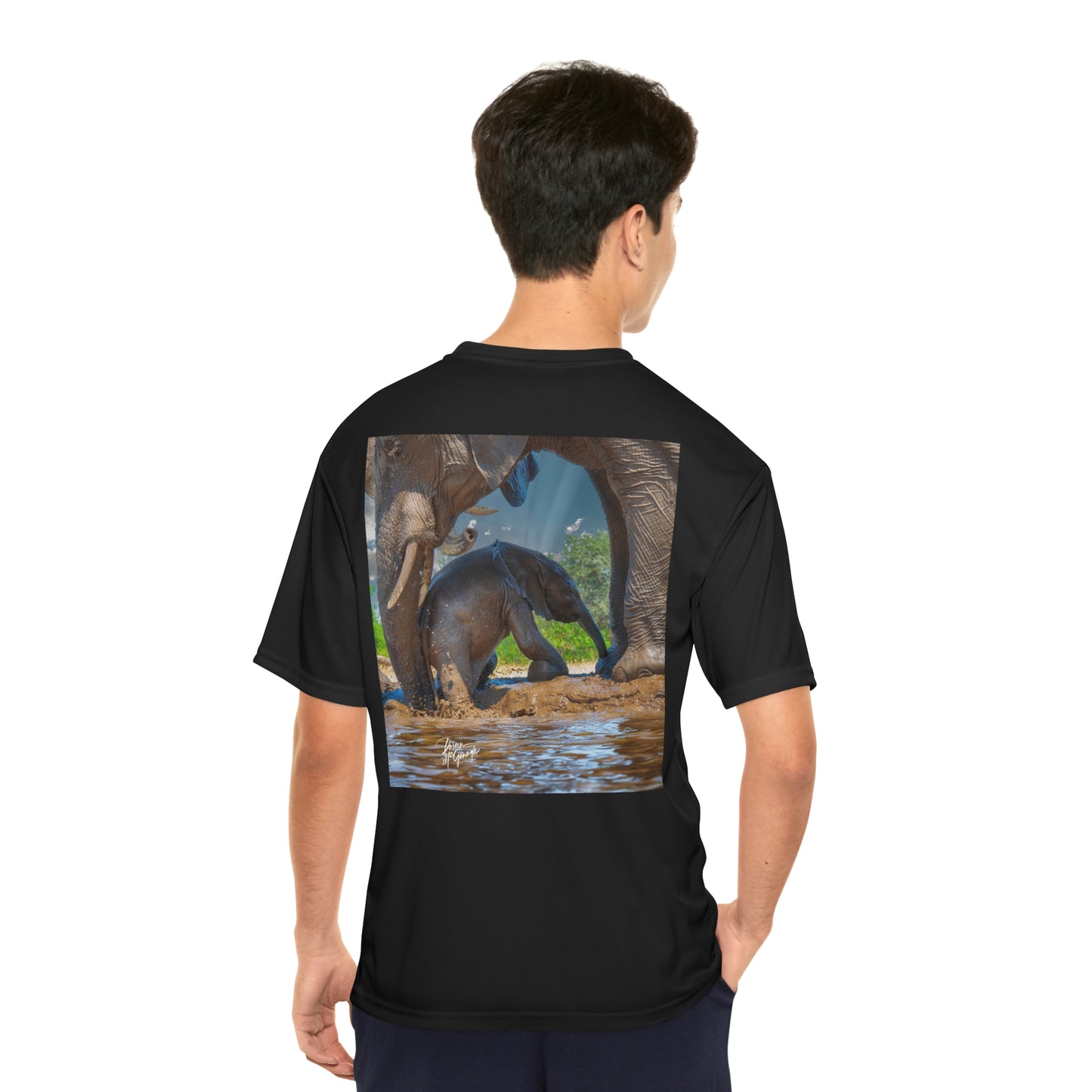 Men's Performance T-Shirt with Fine Art Image of Elephant Baby with Mom's Gentle Touch by Enjoy Nature