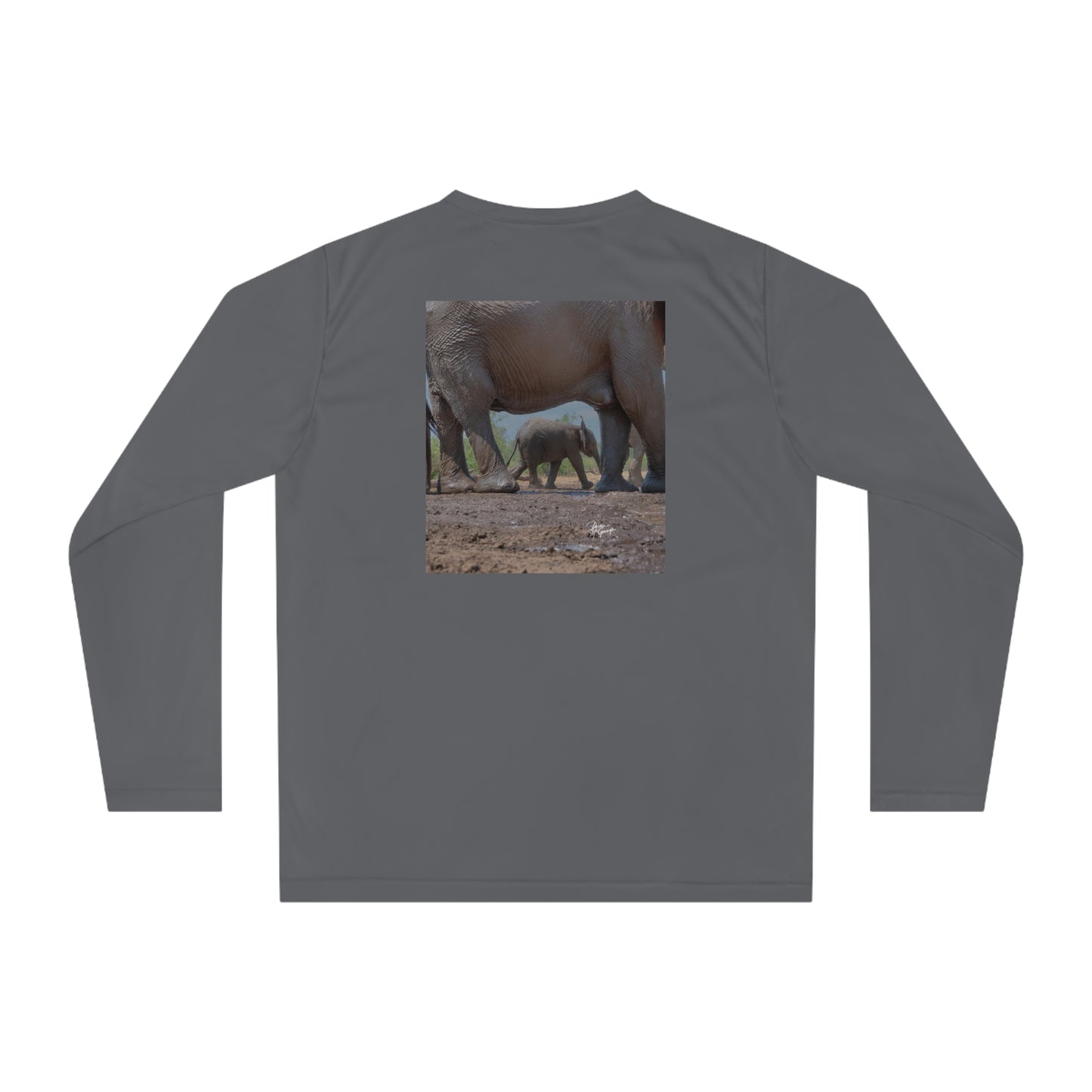 Unisex Long Sleeve Performance Tee - "Elephant Baby Under Mom's Watchful Eye" by Enjoy Nature