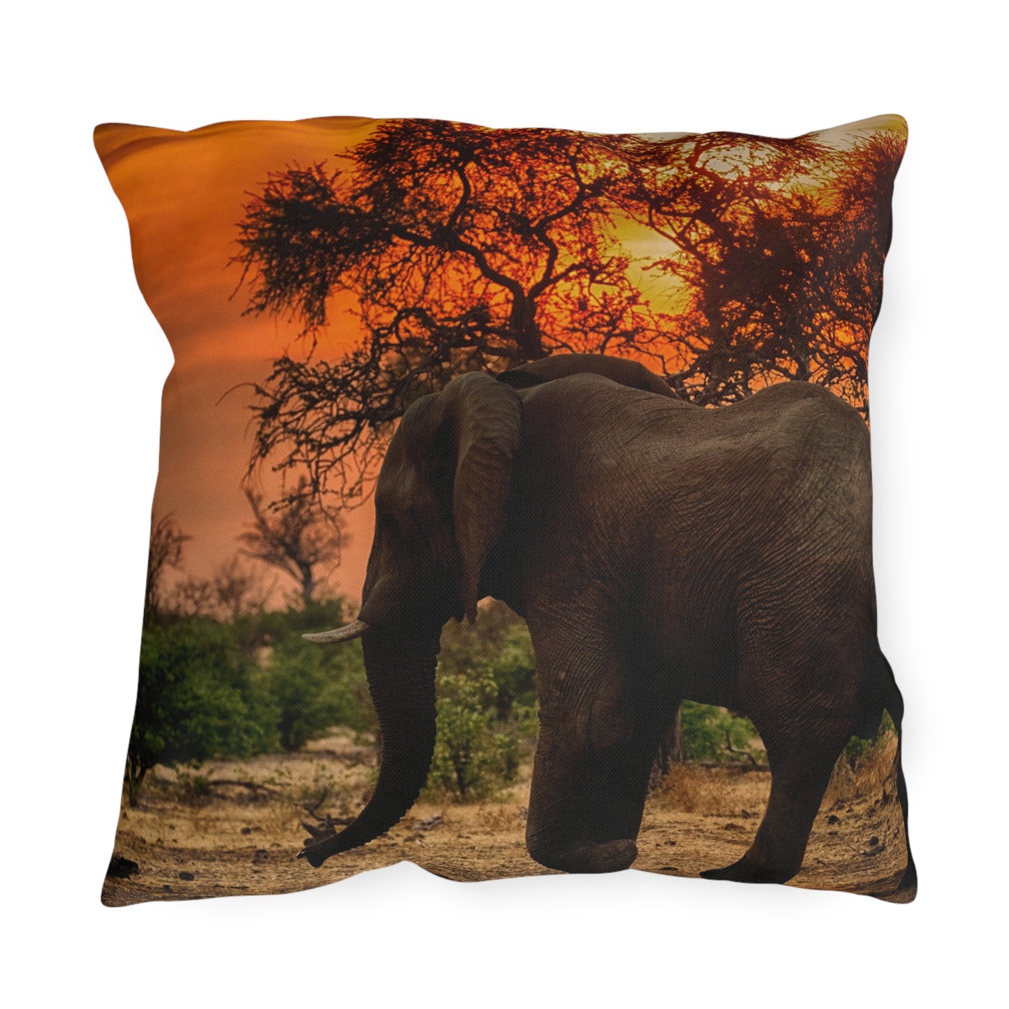 Enjoy Nature Outdoor Pillow with Spirited Elephant at Sunset – Artistic, Comfy, and Durable Decorative Accent