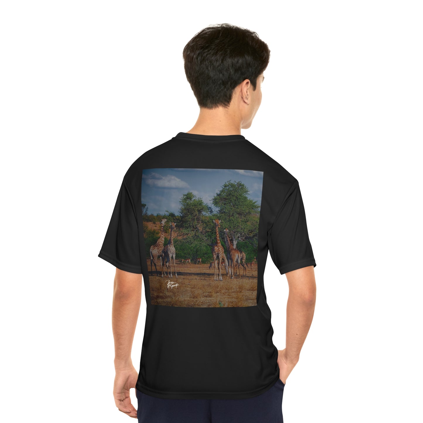 Men's Performance T-Shirt with Fine Art Image of Giraffe Family by Enjoy Nature