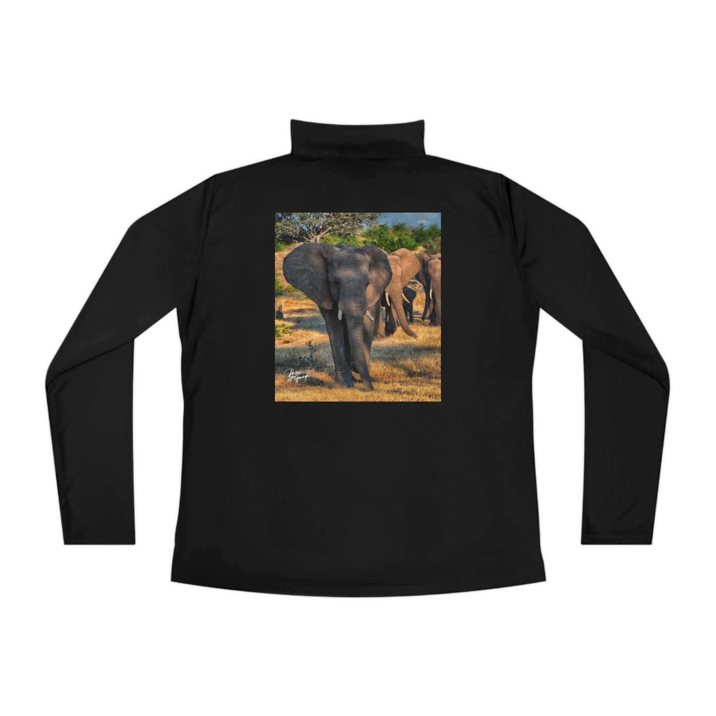 Ladies Quarter-Zip Pullover with Fine Art Image of Spirited Elephant Herd by Enjoy Nature