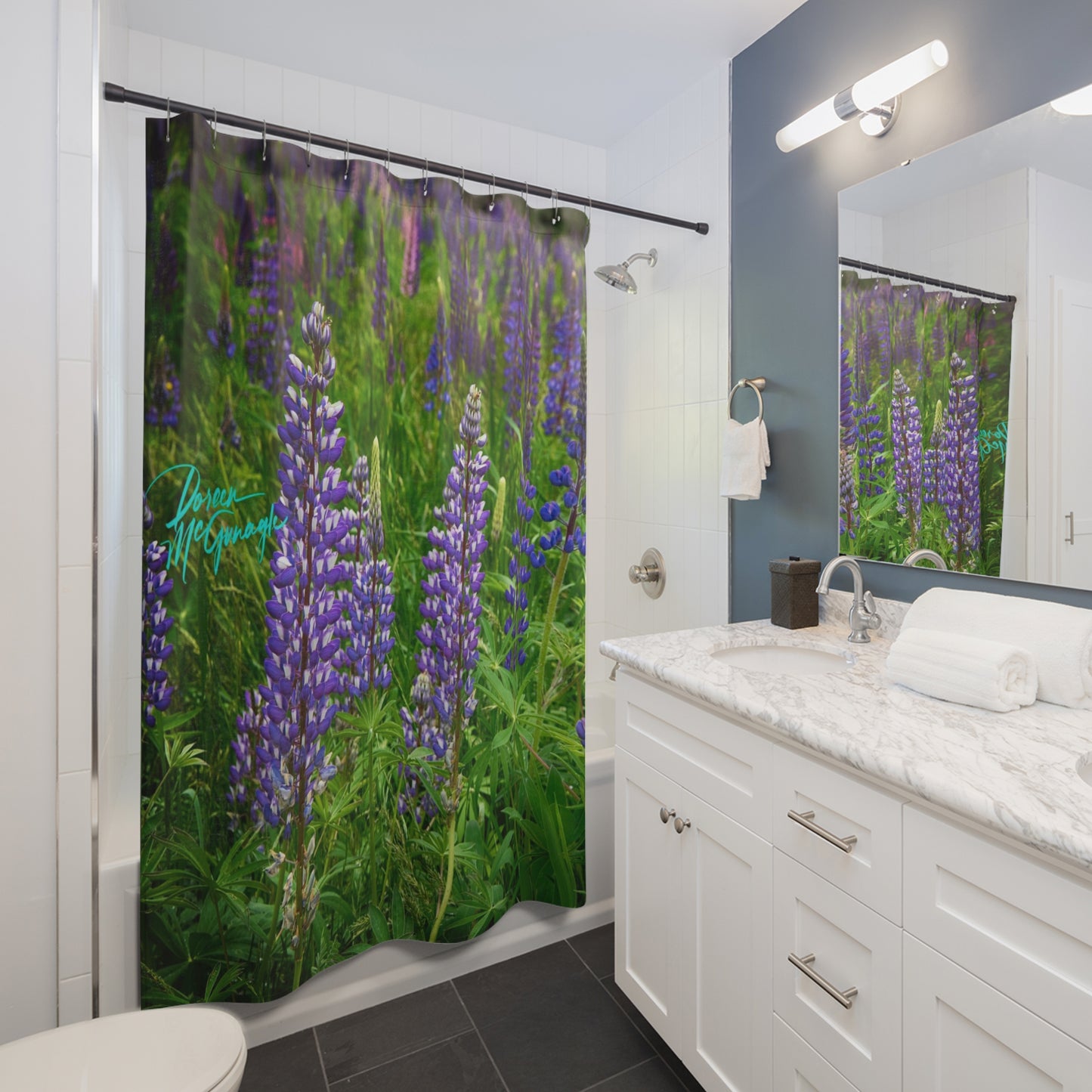 Earthy Shower Curtain, Field of Wild Lupines, Nature Inspired