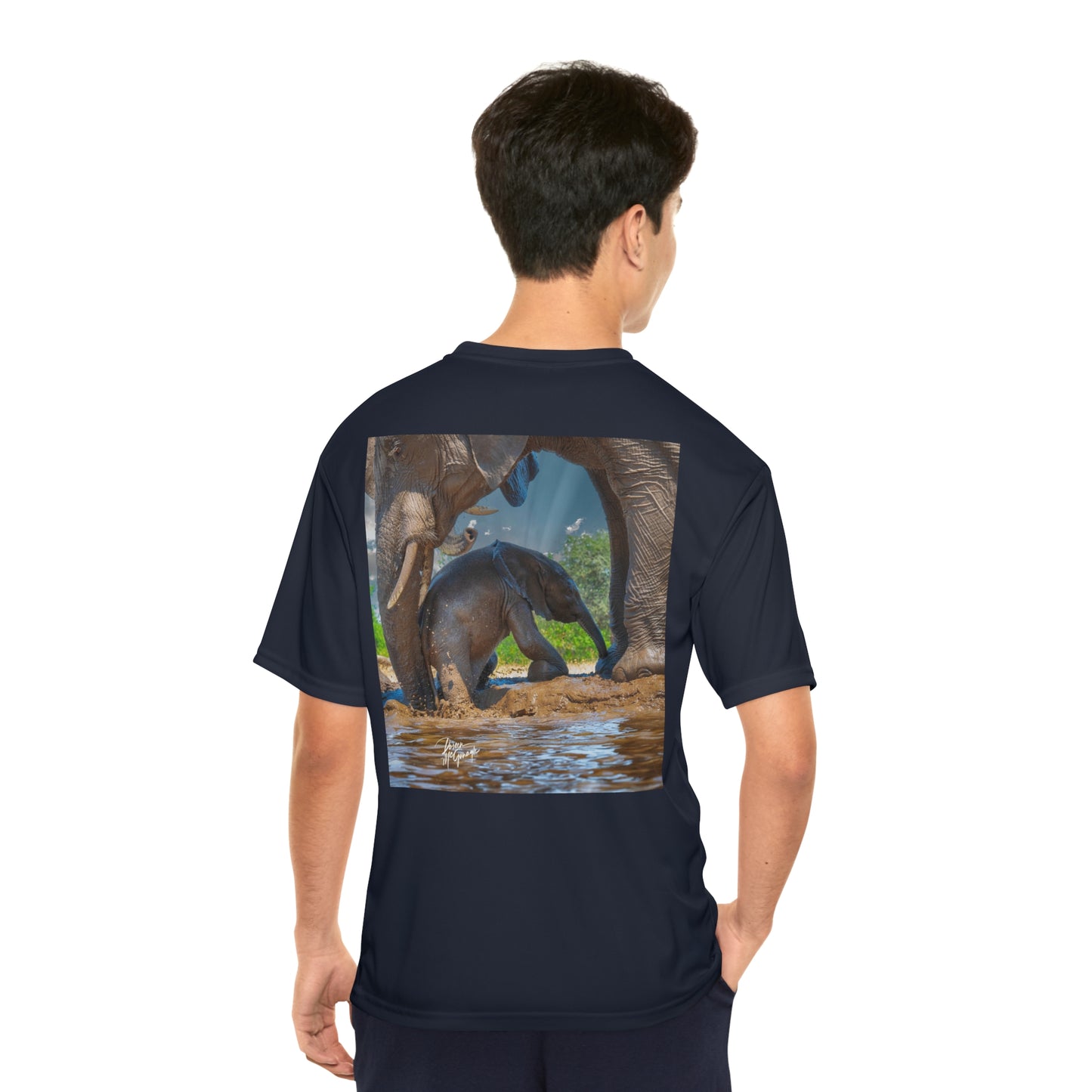 Men's Performance T-Shirt with Fine Art Image of Elephant Baby with Mom's Gentle Touch by Enjoy Nature