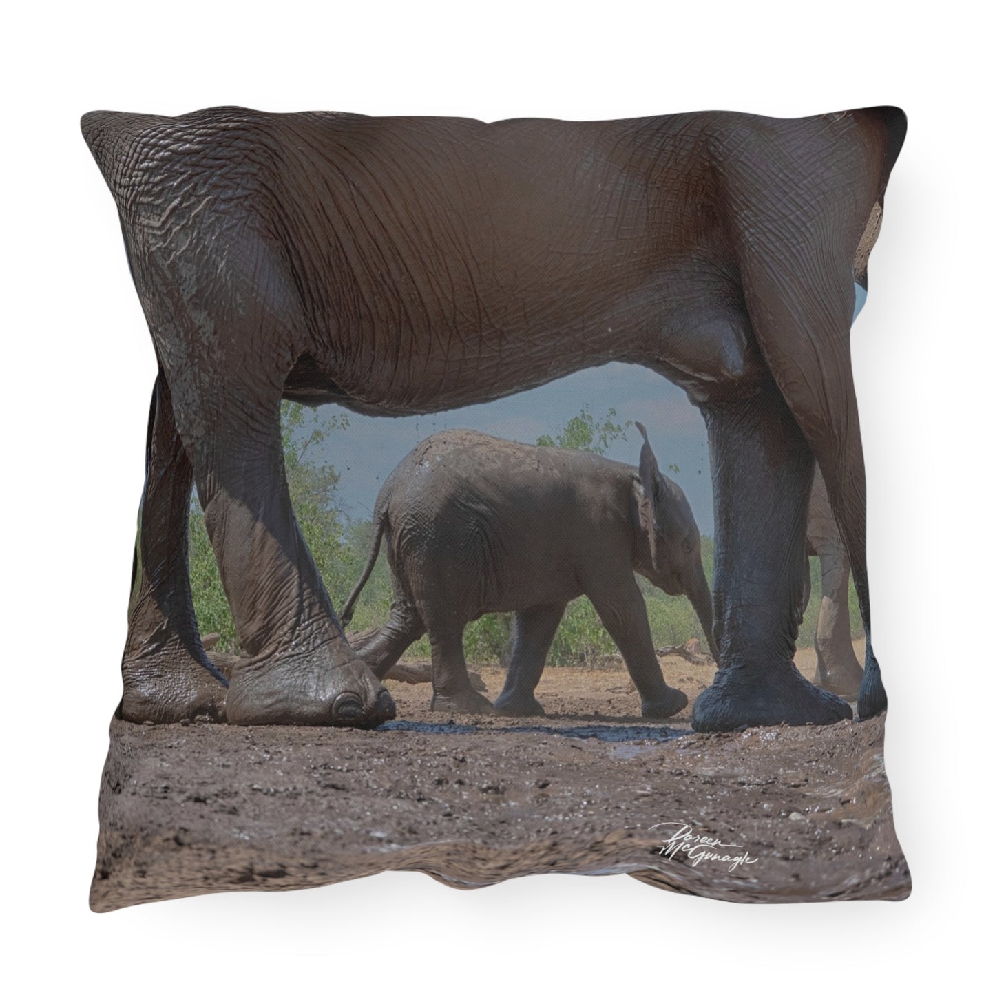 Enjoy Nature Outdoor Pillow with Baby Elephant Walk with Mom – Artistic, Comfy, and Durable Decorative Accent